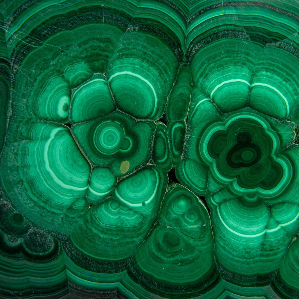 Una splendida e pregiata stalattite di malachite proveniente dal Congo, con ricche e vellutate bande di verde chiaro e scuro e una magica patologia che si trasforma e brilla alla luce quando si muove la fetta. Entrambi i lati del pezzo sono