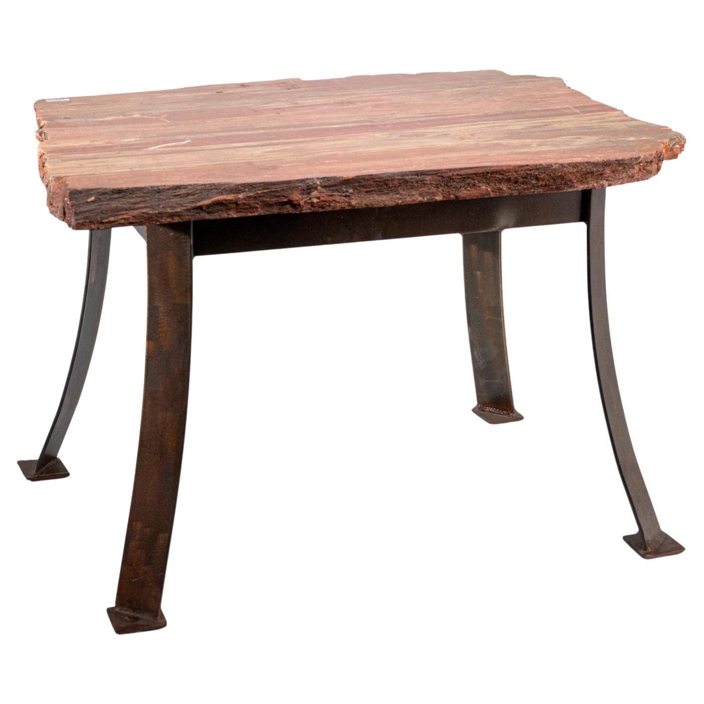 Cette magnifique table en bois pétrifié, polie à la main, provient de Madagascar. Elle est composée d'un morceau de bois pétrifié authentique d'une épaisseur de 1 pouce et mesure 17 pouces de haut. Il présente un motif étonnant avec des teintes