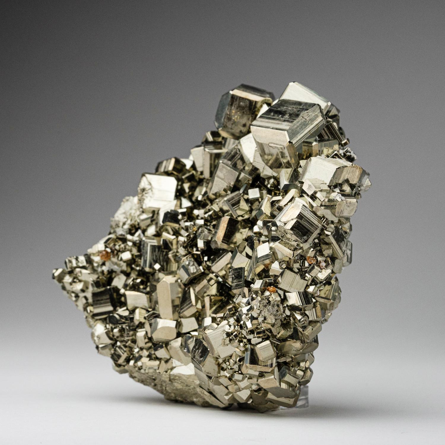 Un groupe de classe mondiale de cristaux de pyrite cubiques parfaitement terminés, imbriqués sur sa matrice naturelle de basalte. Ce spécimen a été découvert dans les célèbres mines de la province de Huanuco, au Pérou, considérées comme l'un des