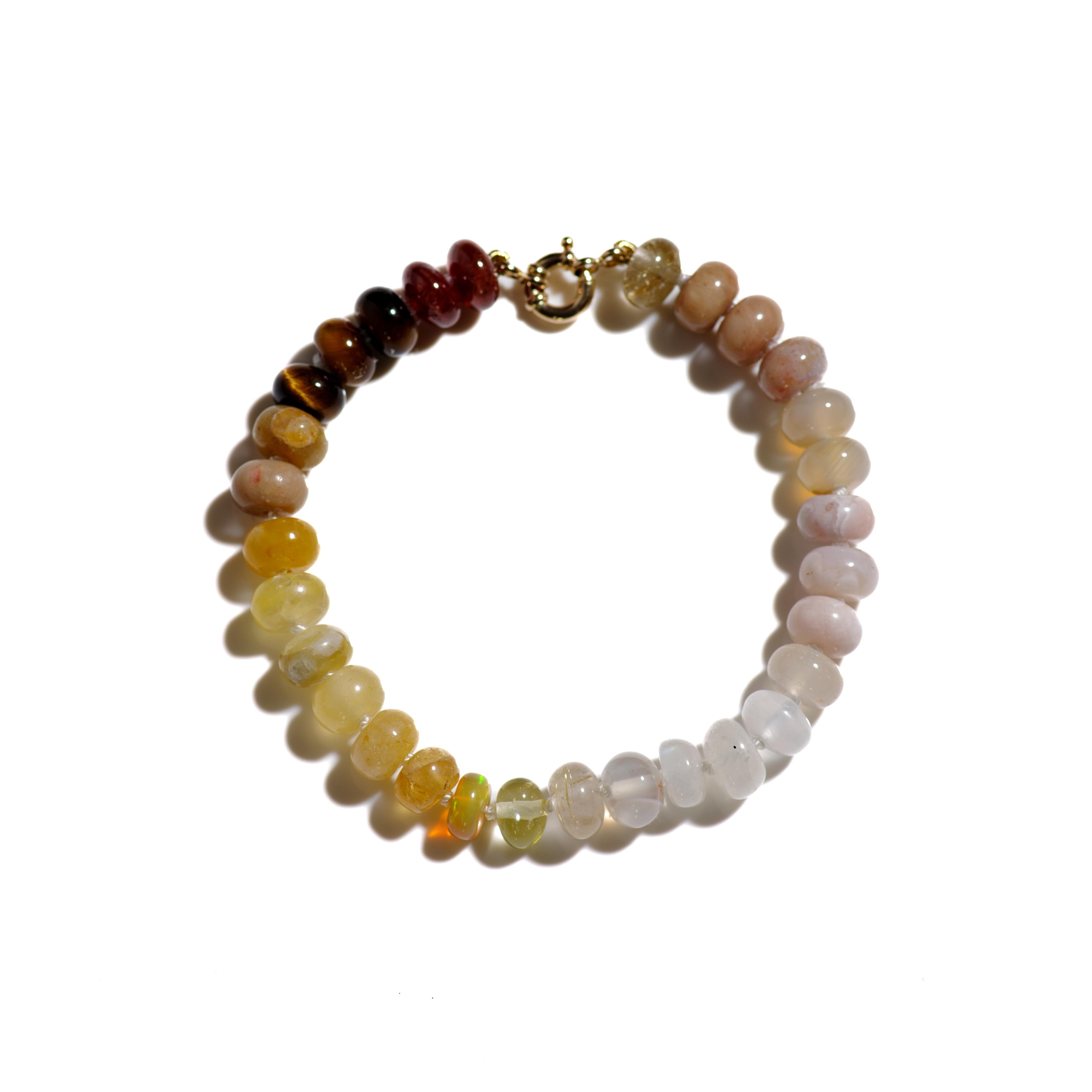 Modern Genuine Rainbow Moonstone and Opal Bracelet in 14K Yellow Gold For Sale