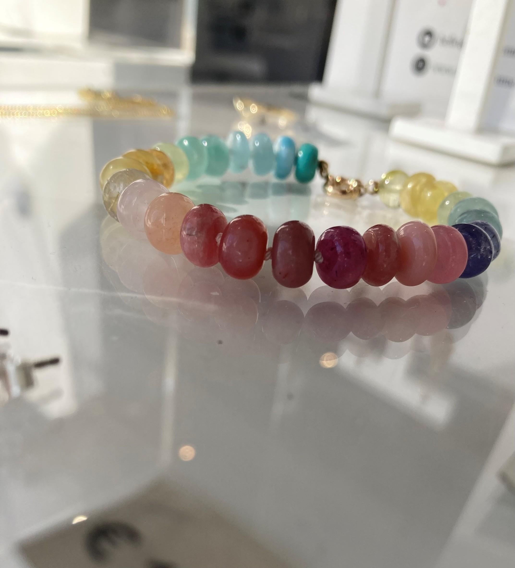 Modern Genuine Rainbow Sapphire and Opal Bracelet in 14K Yellow Gold For Sale