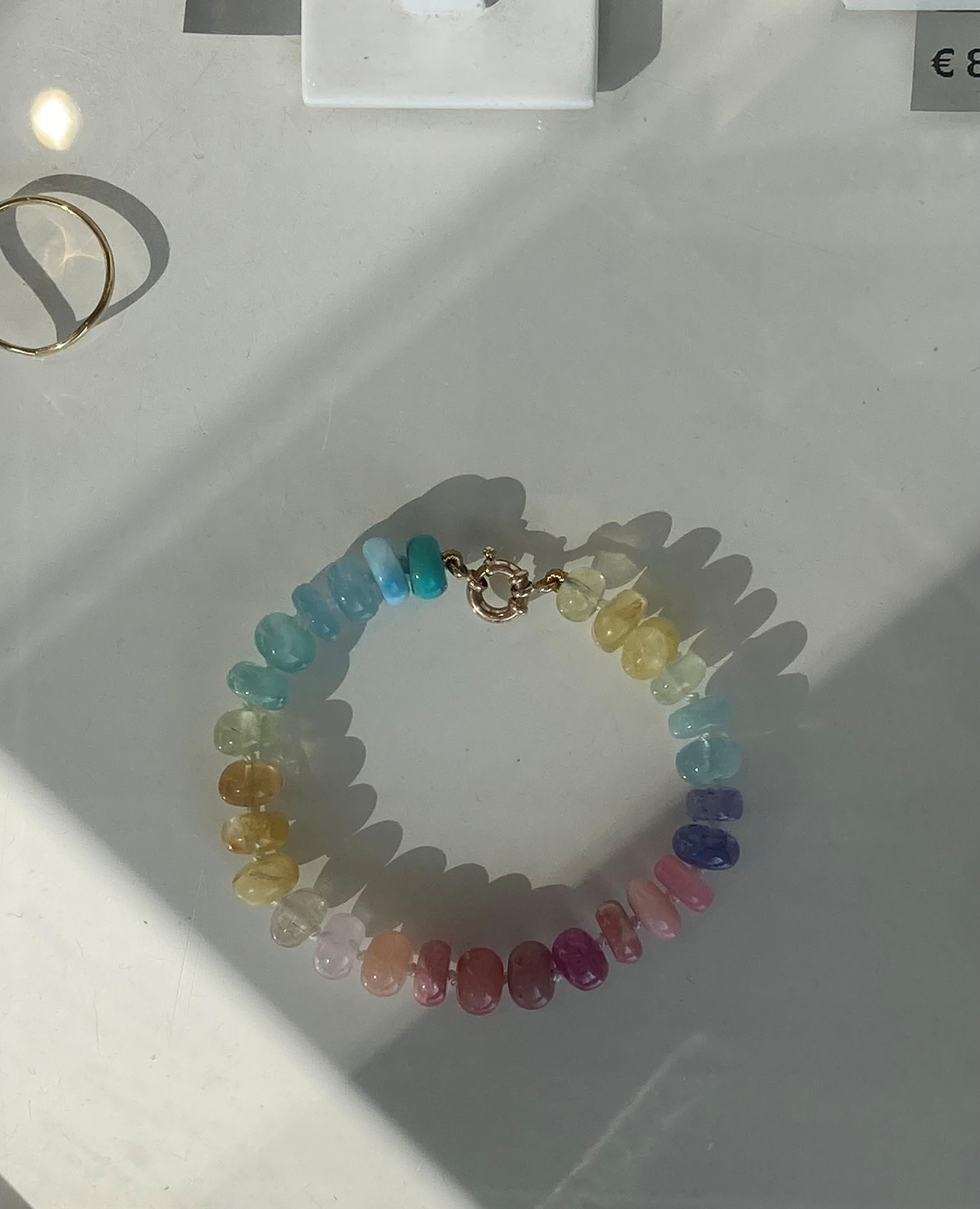 Women's or Men's Genuine Rainbow Sapphire and Opal Bracelet in 14K Yellow Gold For Sale