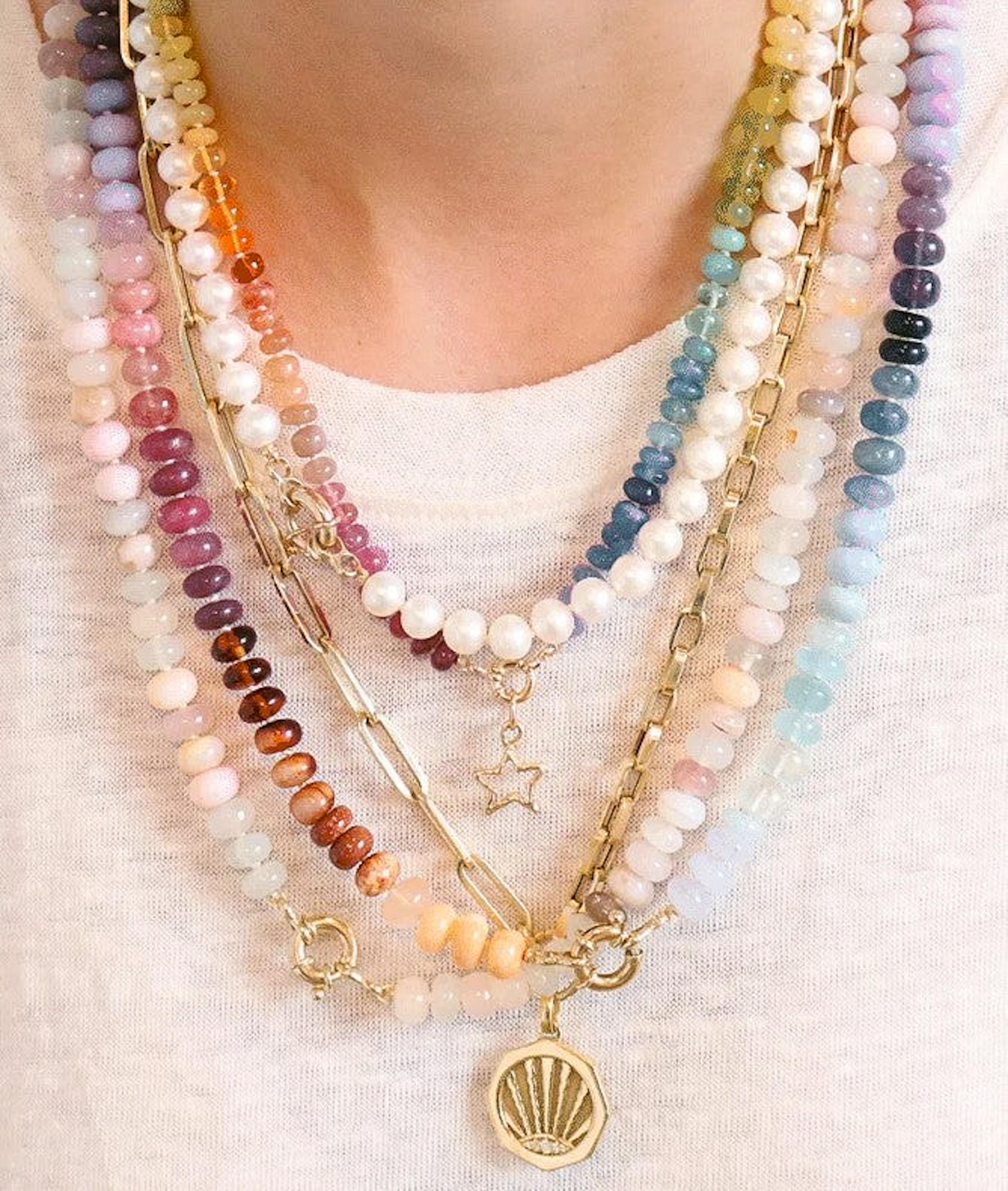 Modern Genuine Rainbow Sapphire and Turquoise with Ethiopian Opal 20 inch Gold Necklace For Sale