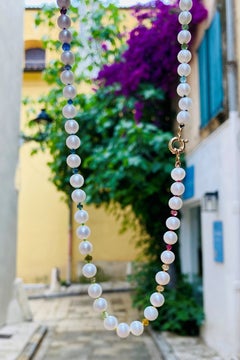 Genuine Rainbow Sapphire & White Pearls Yellow Gold Necklace