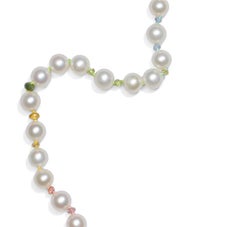 Genuine Rainbow Sapphire & White Pearls Yellow Gold Necklace