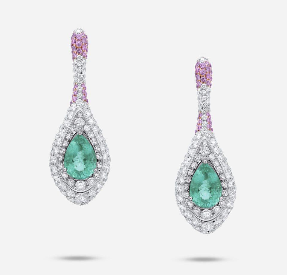 Unique Rare Paraiba Tourmalines White Rose Pink Pave Diamond White Gold Earrings
Extremely Rare & Beautiful Gemstones & Earring Design (Please contact us for more information, photos, and videos if needed)
18 Karat White Gold
Genuine Paraiba