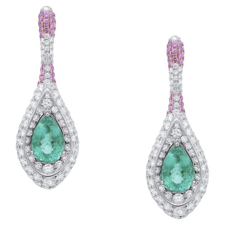 Unique Rare Paraiba Tourmalines White Rose Pink Pave Diamond White Gold Earrings For Sale