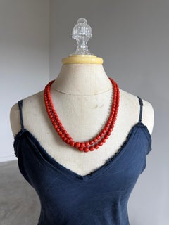Genuine Red Coral Necklaces, Hand-Knotted Strands in Natural Coloration, A Pair