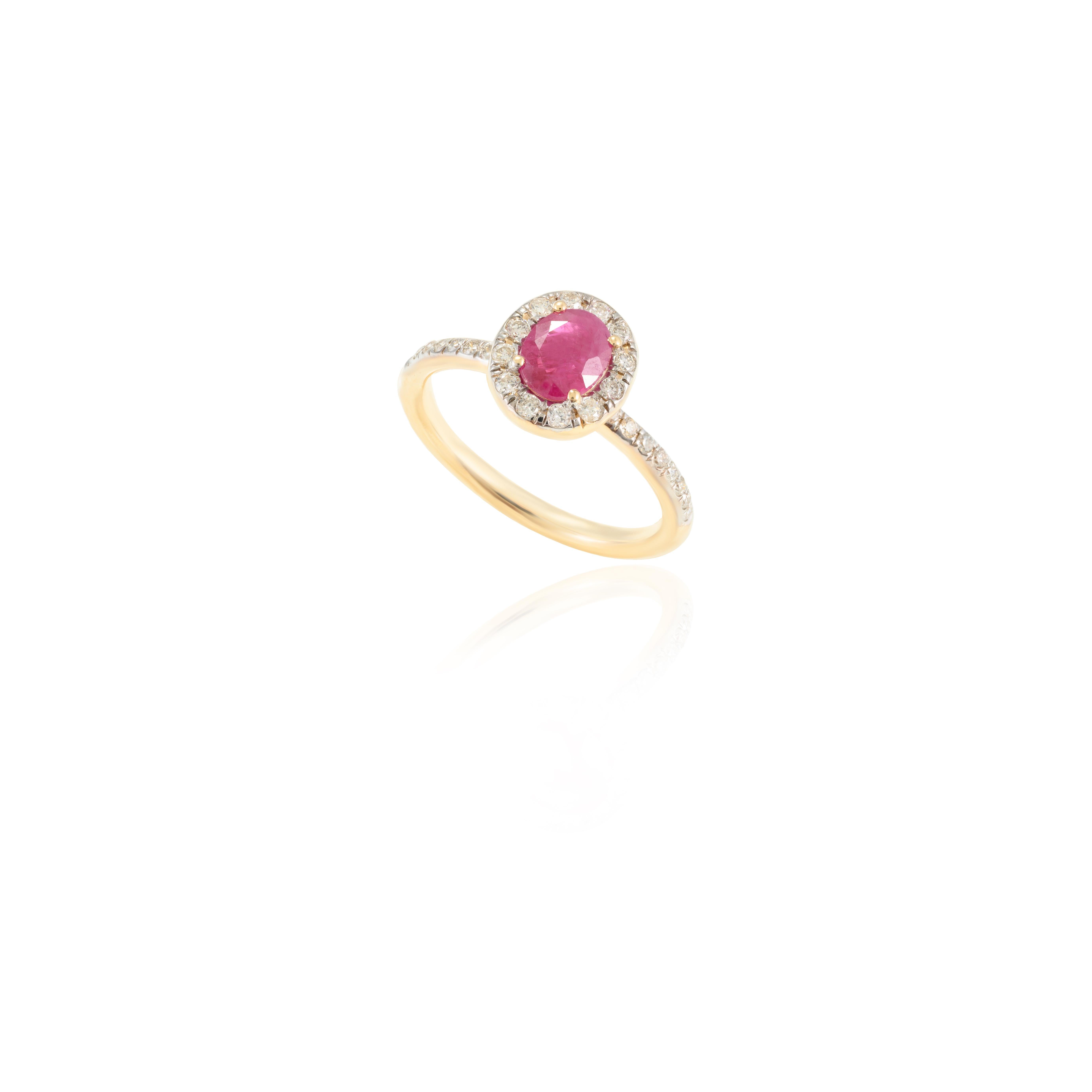 For Sale:  Classic Ruby and Diamond Halo Engagement Ring in 14k Solid Yellow Gold 4