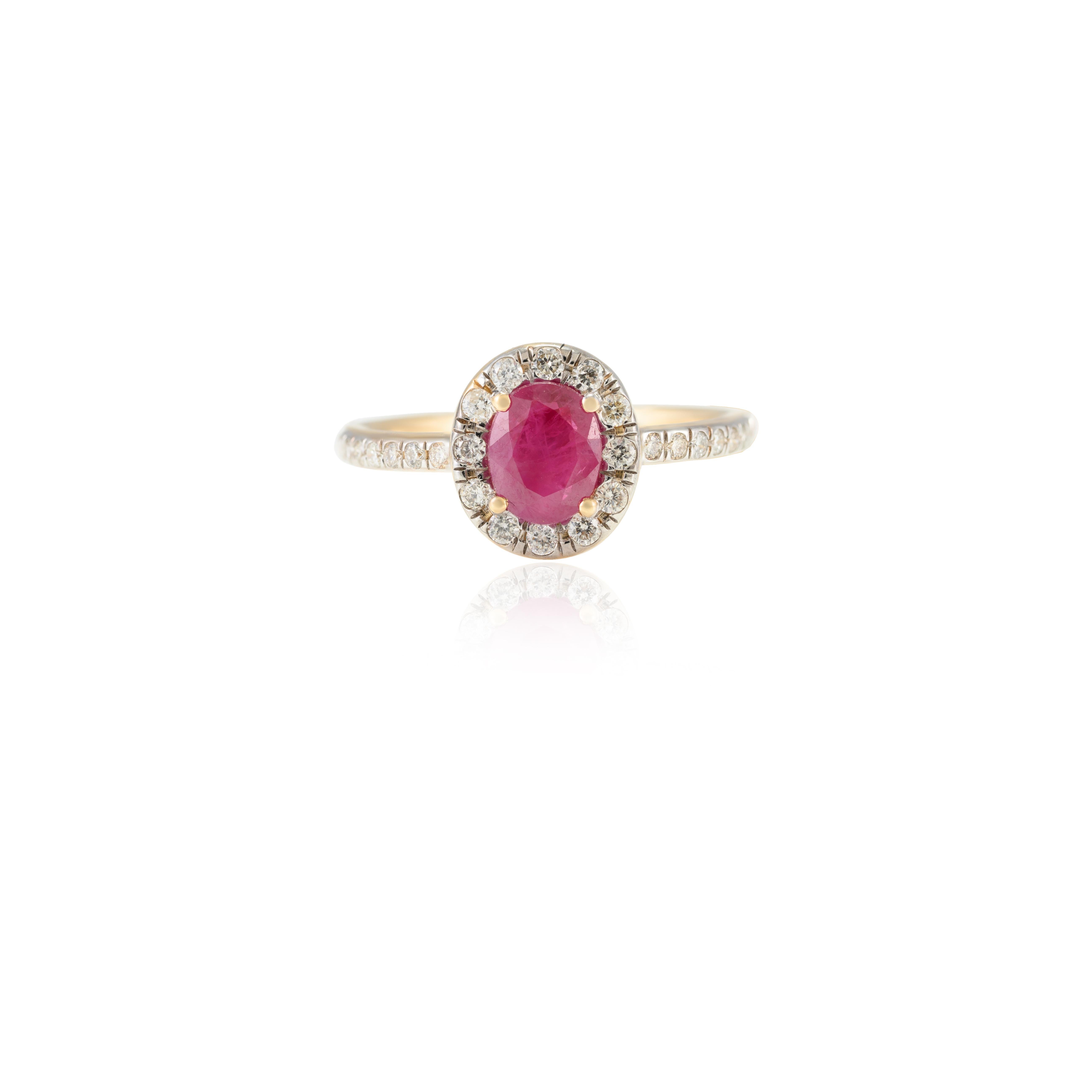 For Sale:  Classic Ruby and Diamond Halo Engagement Ring in 14k Solid Yellow Gold 5