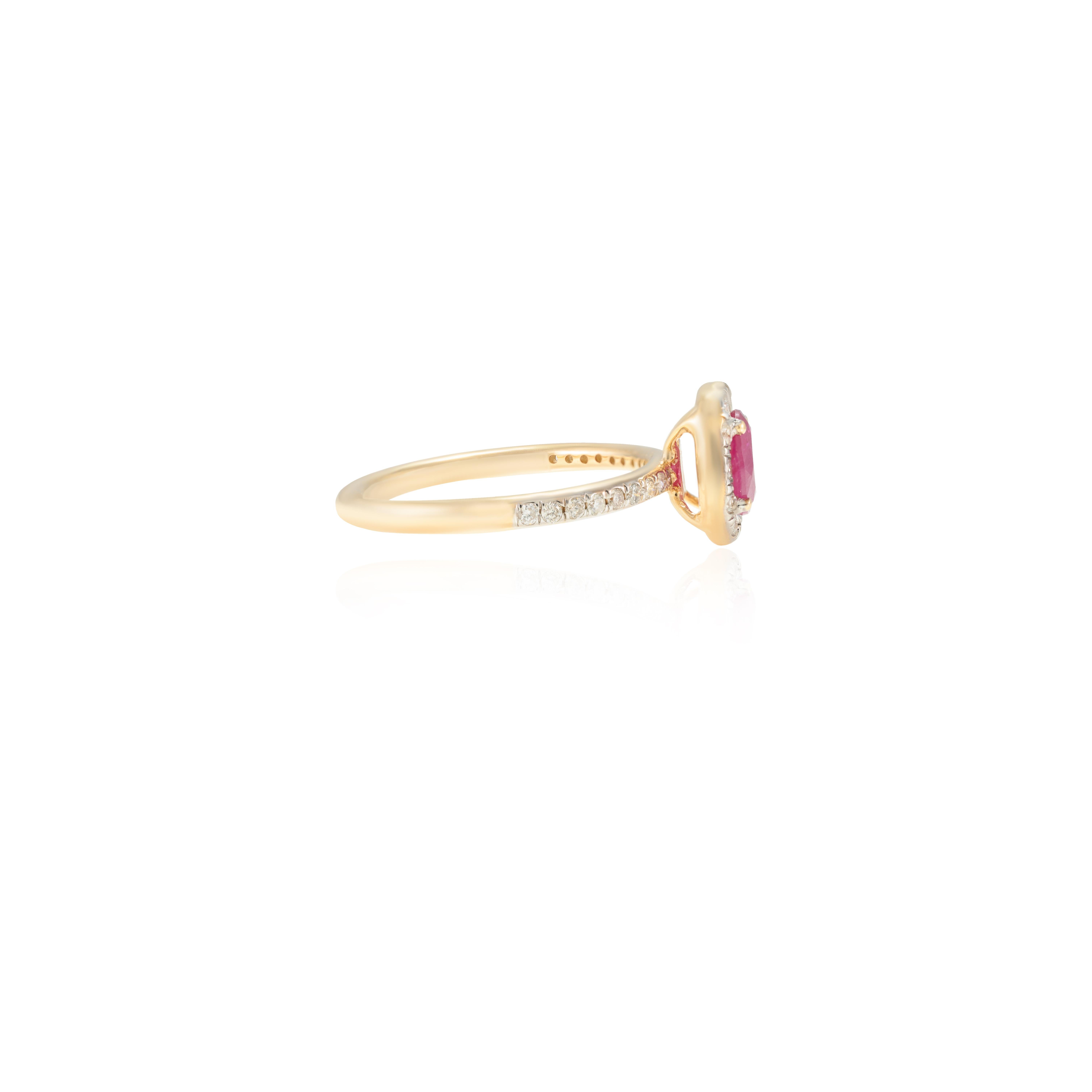 For Sale:  Classic Ruby and Diamond Halo Engagement Ring in 14k Solid Yellow Gold 7