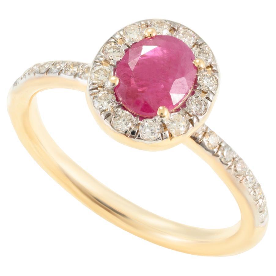 For Sale:  Classic Ruby and Diamond Halo Engagement Ring in 14k Solid Yellow Gold