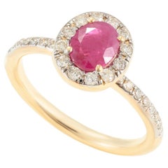 Classic Ruby and Diamond Halo Engagement Ring in 14k Solid Yellow Gold