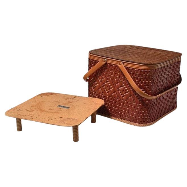 Genuine Redmon Woven Wicker Picnic Basket with Tabletop in Red and Brown For Sale