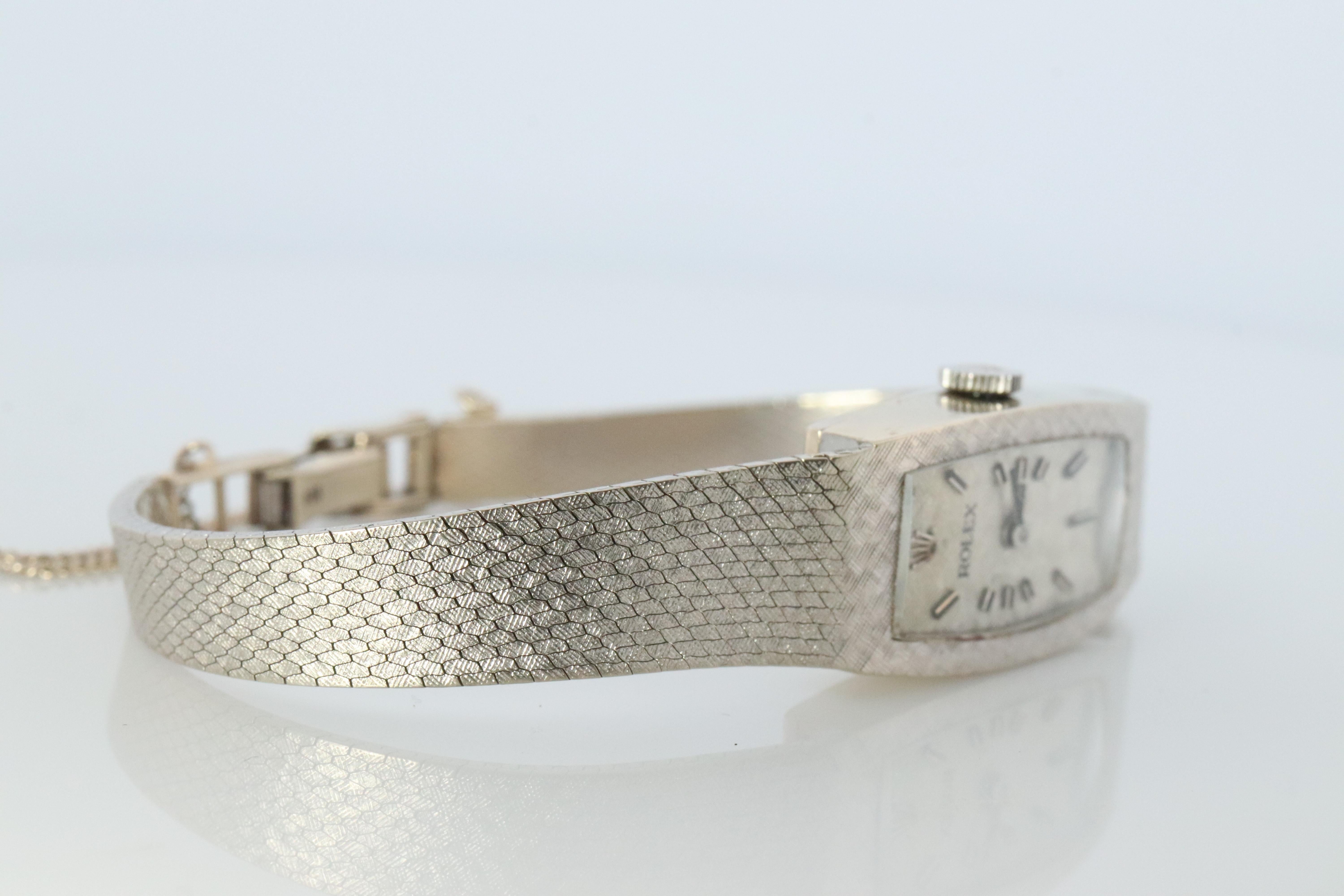 Modern Genuine Rolex Watch. 14k WG Ladies Rolex Mechanical Windup Watch. For Sale