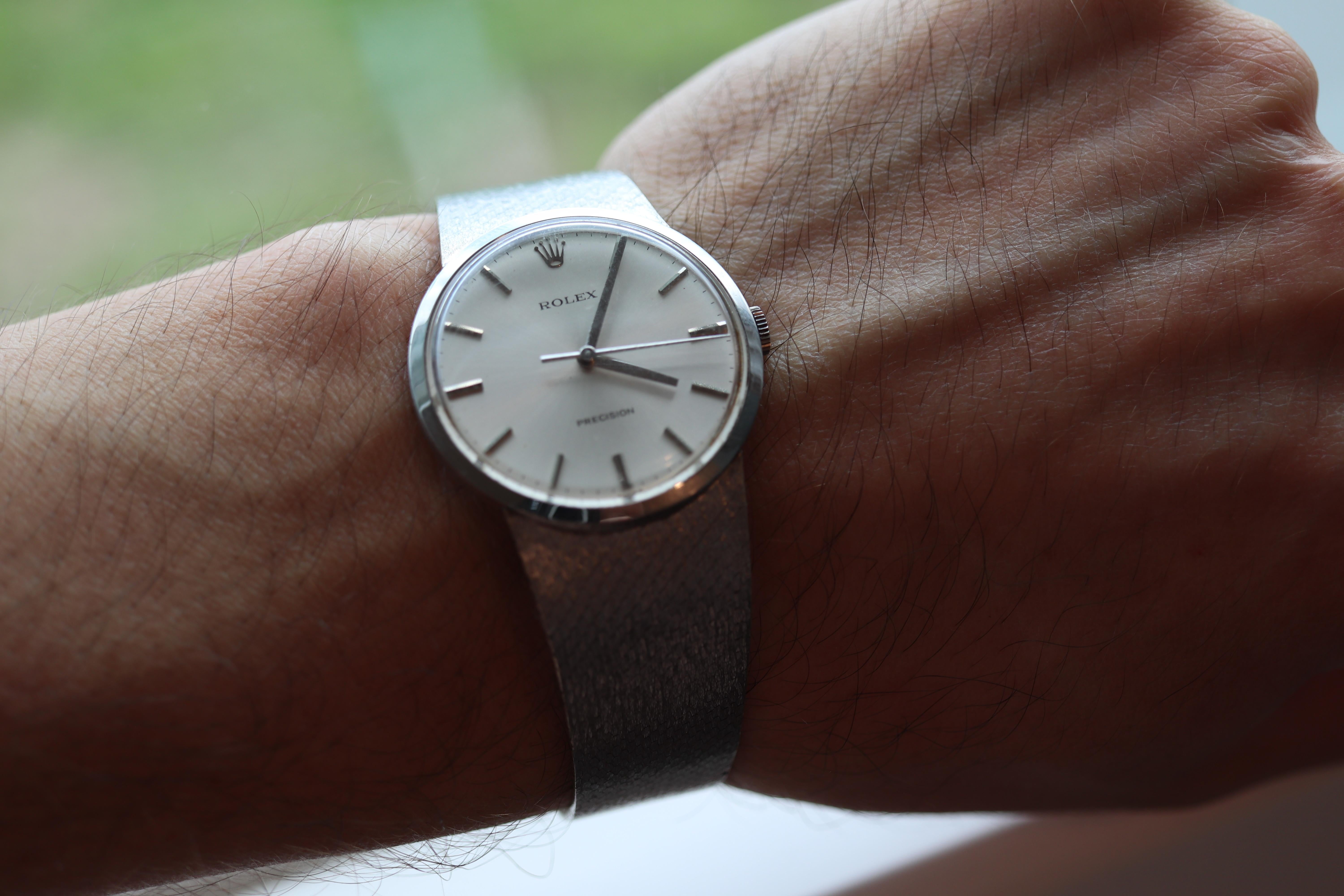 Stainless Steel Rolex Precision Mechanical Movement Wristwatch. Circa 1970s. 

1225 Caliber Rolex Movement Ref. 34.110.

Beautiful Watch. Manual mechanism. 

Case and Bracelet is Stainless Steel.

7.25inch wrist (adjustable)
33mm round case 
22mm