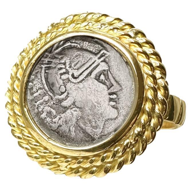 Genuine Roman Coin (3rd cent. BC) 18 Kt Gold Ring depicting the Goddess Rome