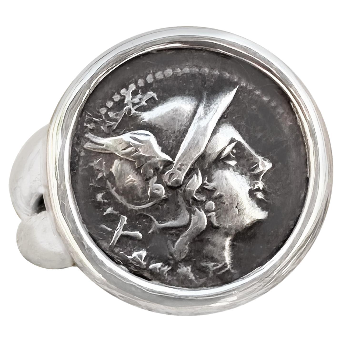 Genuine Roman Coin 3rd cent. BC Silver Ring depicting the Goddess Rome  For Sale