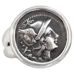 Moneda romana auténtica del siglo III A.C. Anillo de Plata que representa a la Diosa Roma 