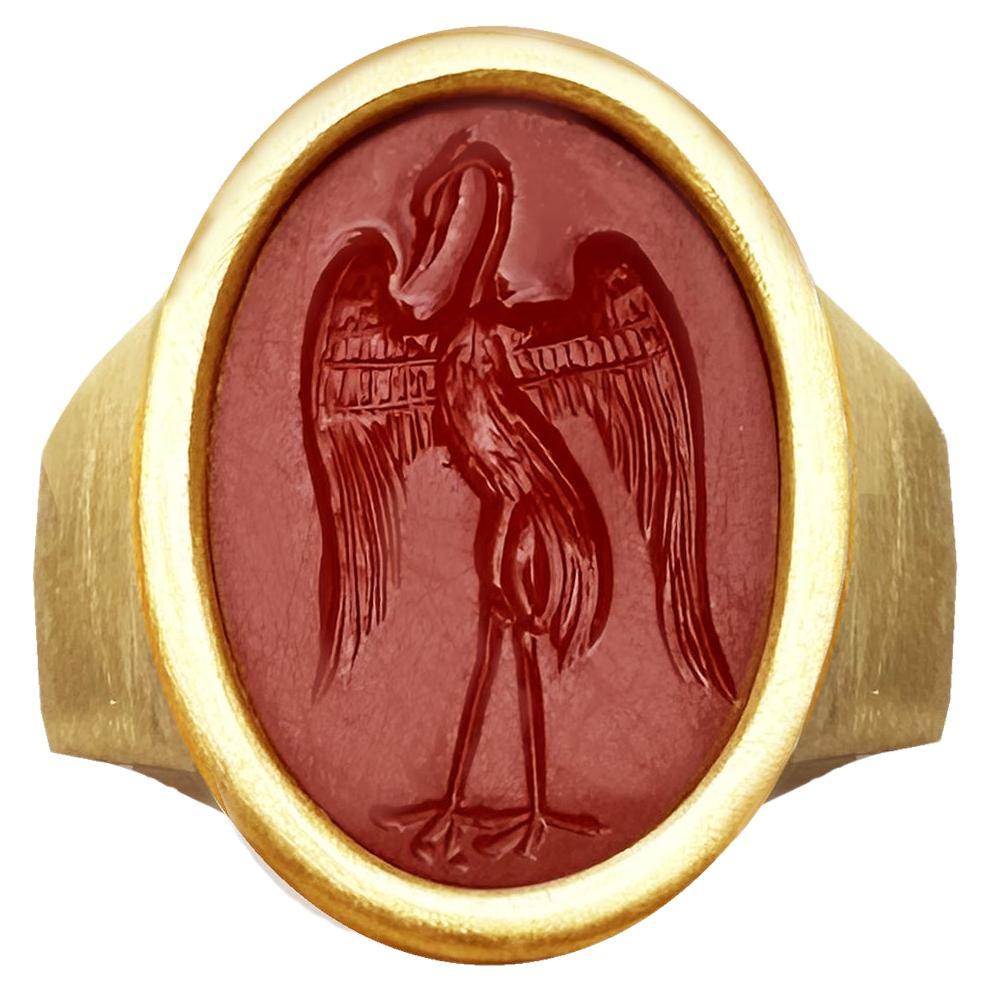 Genuine Roman Heron Carnelian Intaglio 1st-2nd cent. AD 18 Kt gold ring