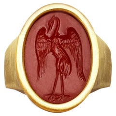Antique Genuine Roman Heron Carnelian Intaglio 1st-2nd cent. AD 18 Kt gold ring