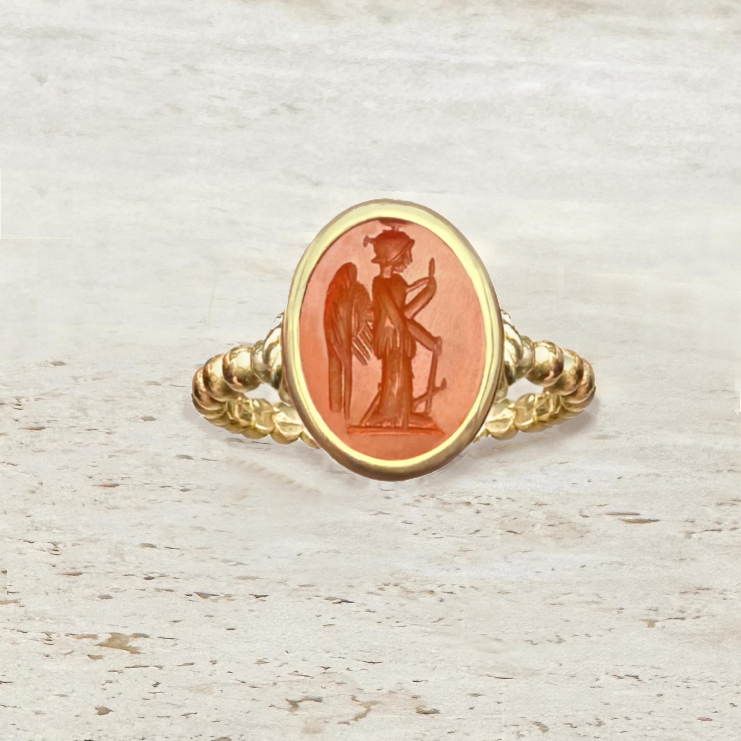 Classical Roman Genuine Roman intaglio 1st-2nd cent. AD 18 kt Gold Ring depicting Goddess Athena For Sale
