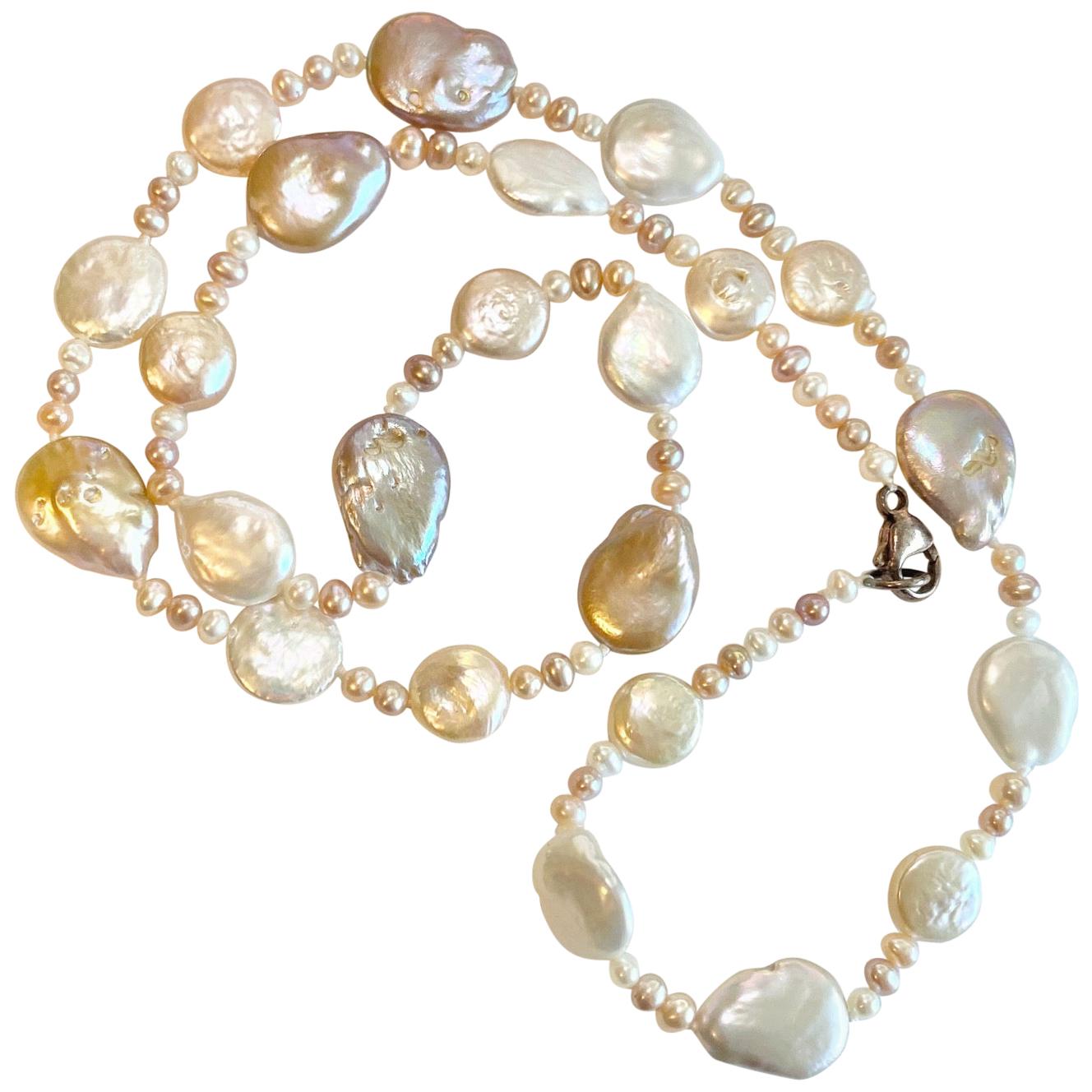 Genuine Rose Pearl Strand Necklace with Baroque and Rd Pearls, Cultured Pearls