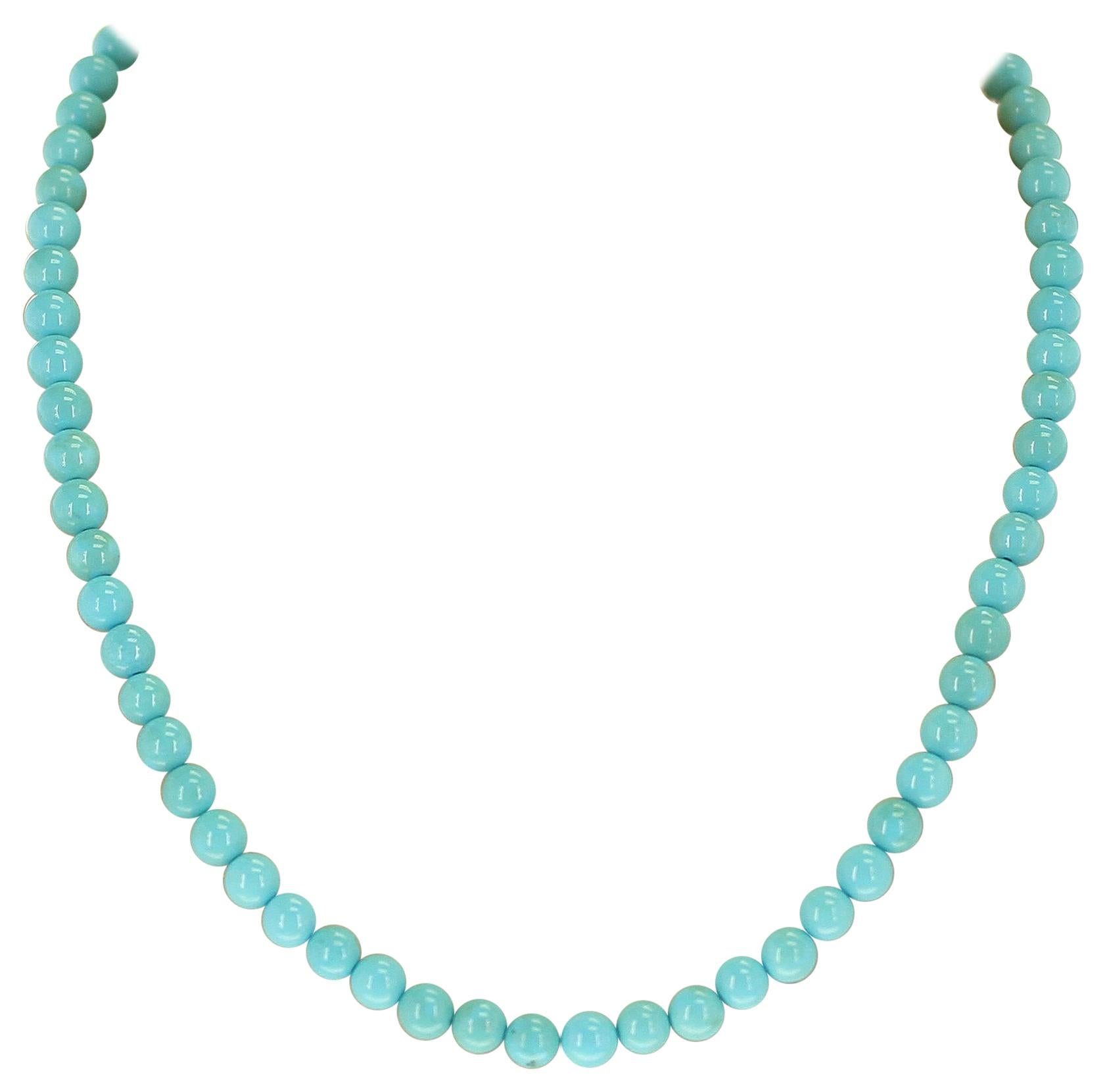 Genuine Round Turquoise Beads, 14 Karat Yellow For Sale