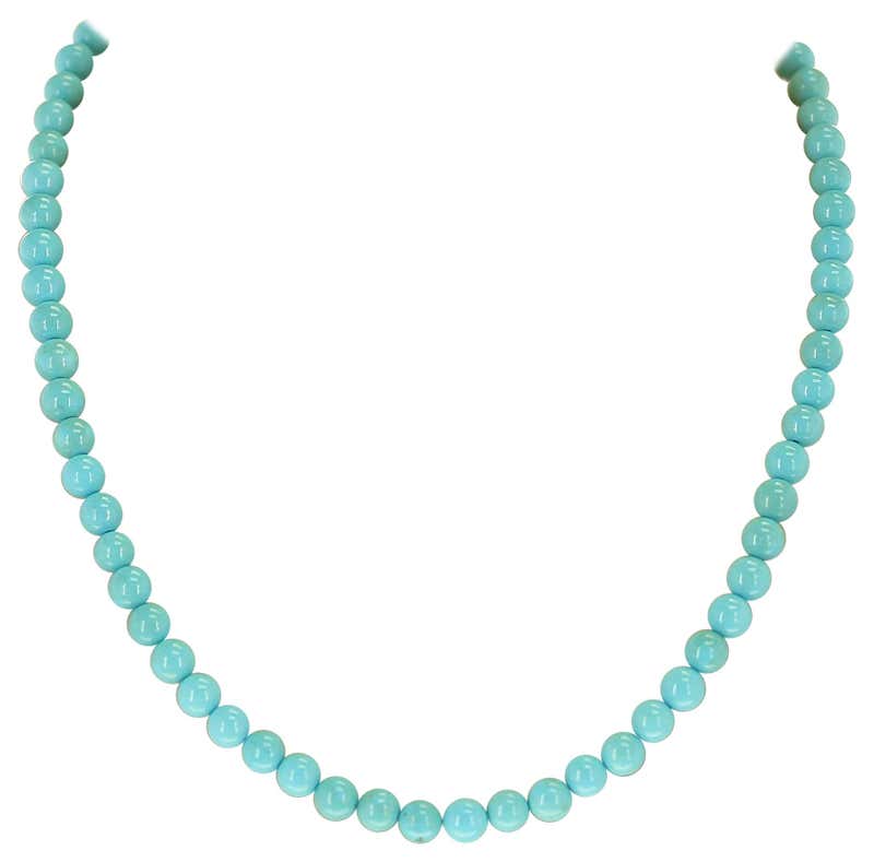 Large Iranian Turquoise Round and Smooth Beads Necklace For Sale at ...