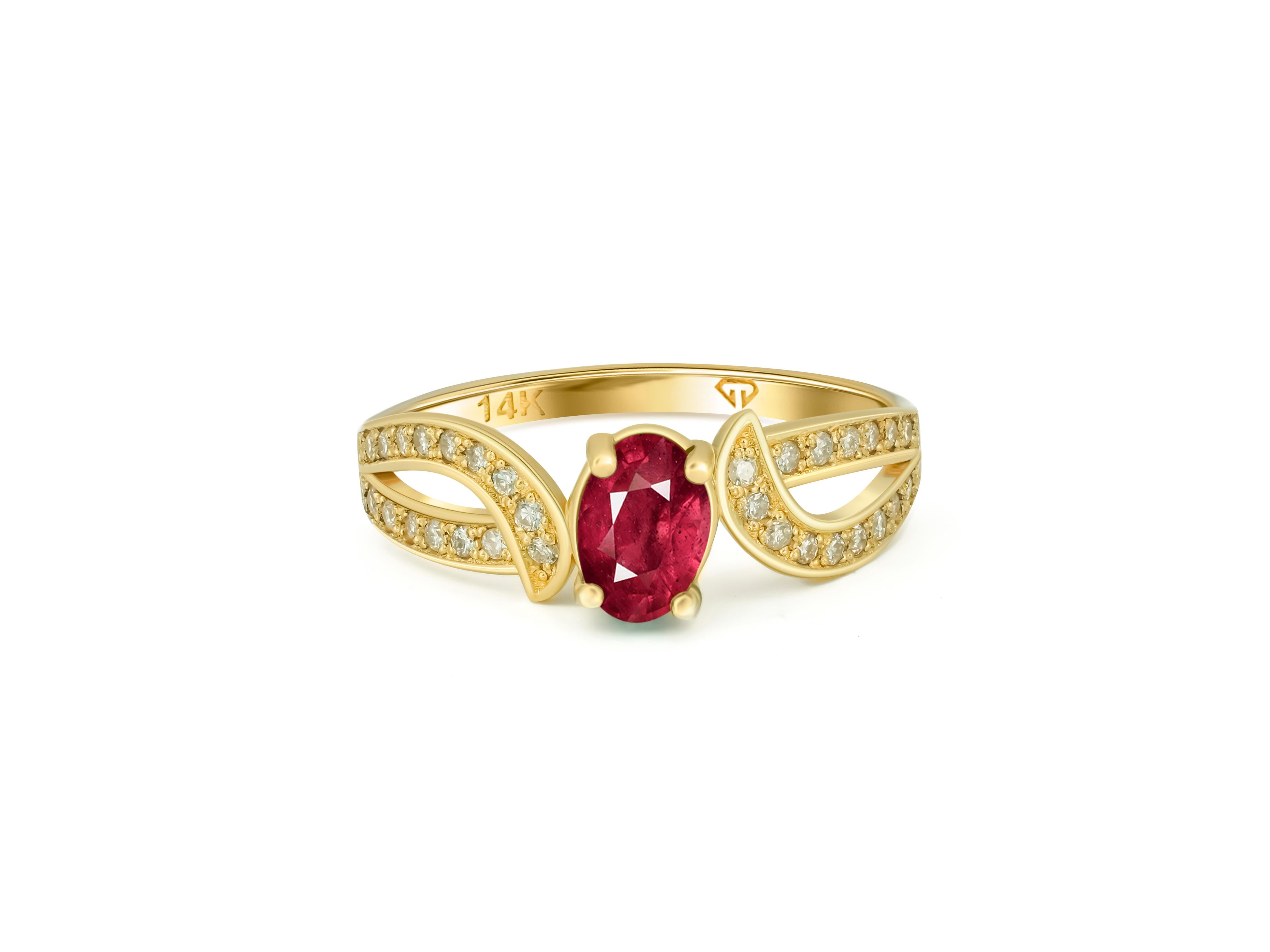Genuine ruby 14k gold ring. 
Ruby engagement ring. Ruby vintage ring. Ruby gold ring. July birthstone ring.Red gemstone ring.

Metal: 14kt solid gold
Total weight: 2 gr. (depends from size)

Central gemstone: natural ruby
Color: red
Oval cut, 0.80