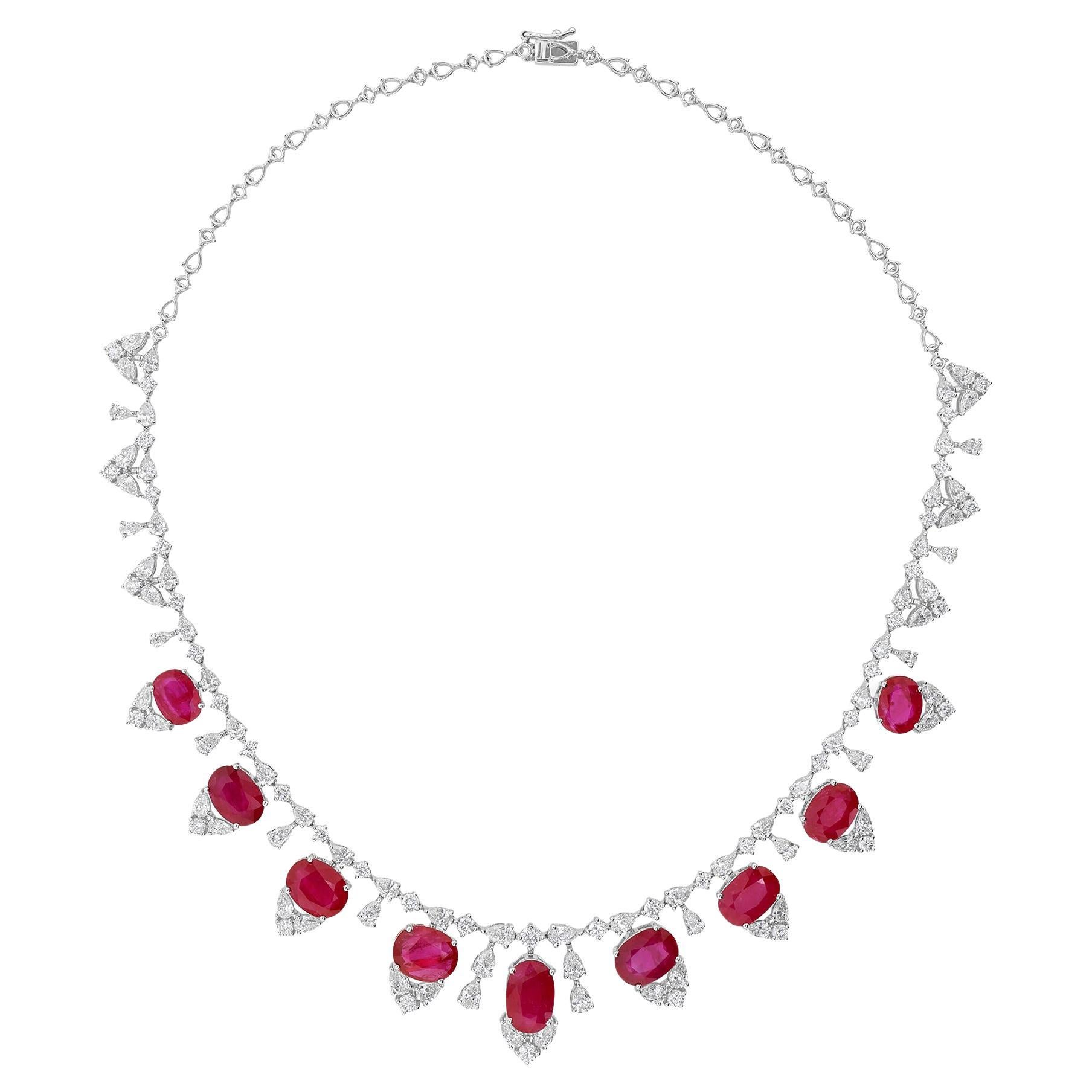 Genuine Ruby 28.36 Ct Diamond 11.34 Ct 18 Karat White Gold Wedding Necklace
