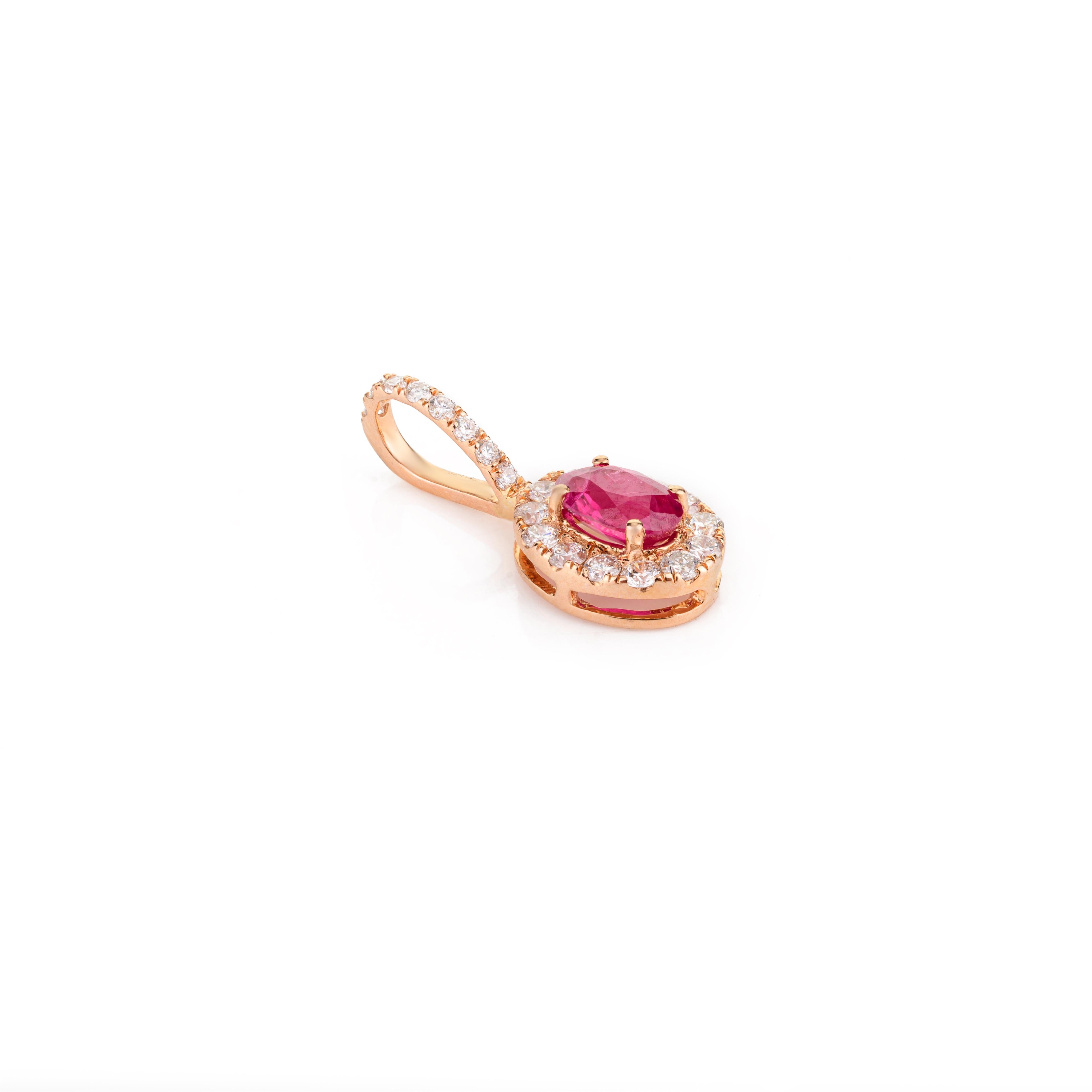 Contemporary Genuine Ruby and Diamond Halo Pendant in 18k Solid Rose Gold Gift for Her For Sale