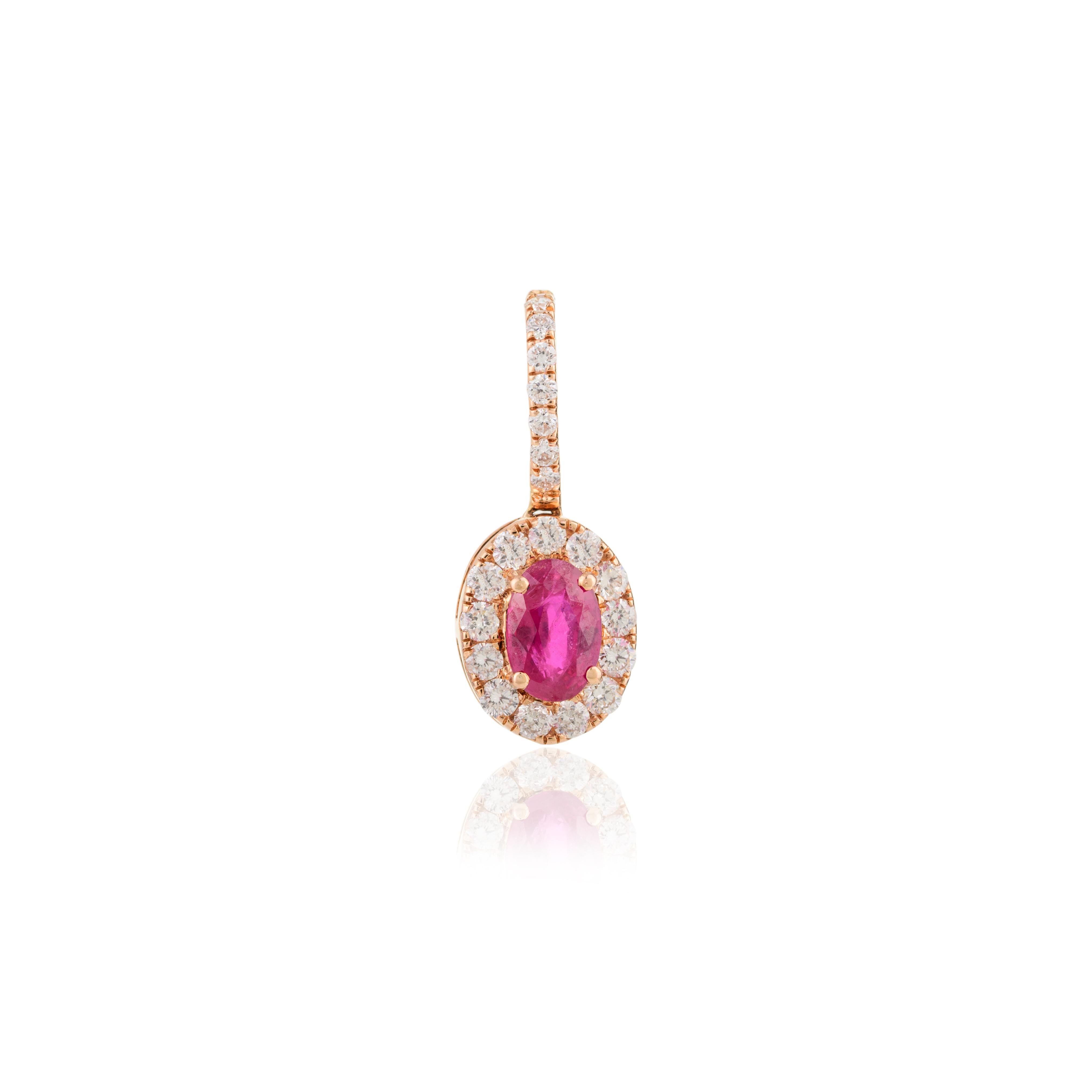 Oval Cut Genuine Ruby and Diamond Halo Pendant in 18k Solid Rose Gold Gift for Her For Sale