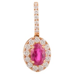 Genuine Ruby and Diamond Halo Pendant in 18k Solid Rose Gold Gift for Her