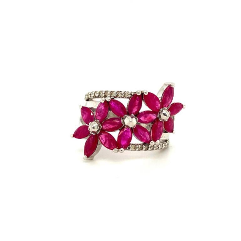 For Sale:  Genuine Ruby Blossoms Sterling Silver Ring in 925 Sterling Silver for Women 2