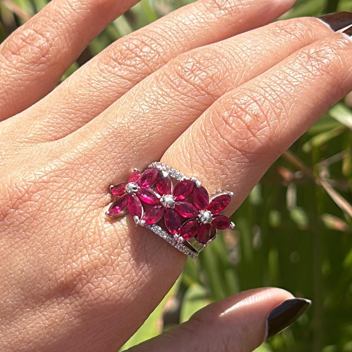 For Sale:  Genuine Ruby Blossoms Sterling Silver Ring in 925 Sterling Silver Ring for Gift 4