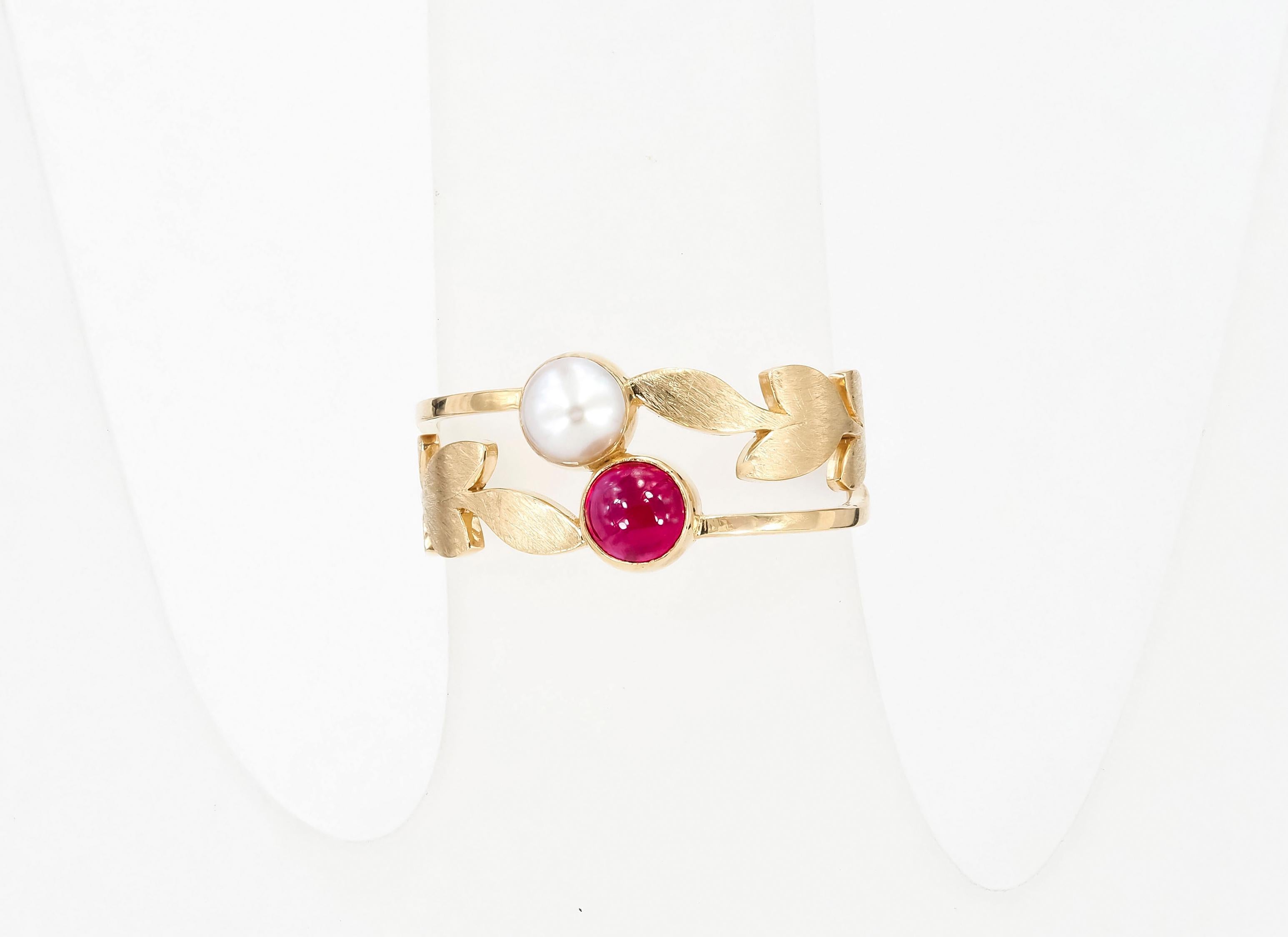Cabochon Genuine ruby cabochon and pearl ring in 14k gold.  For Sale