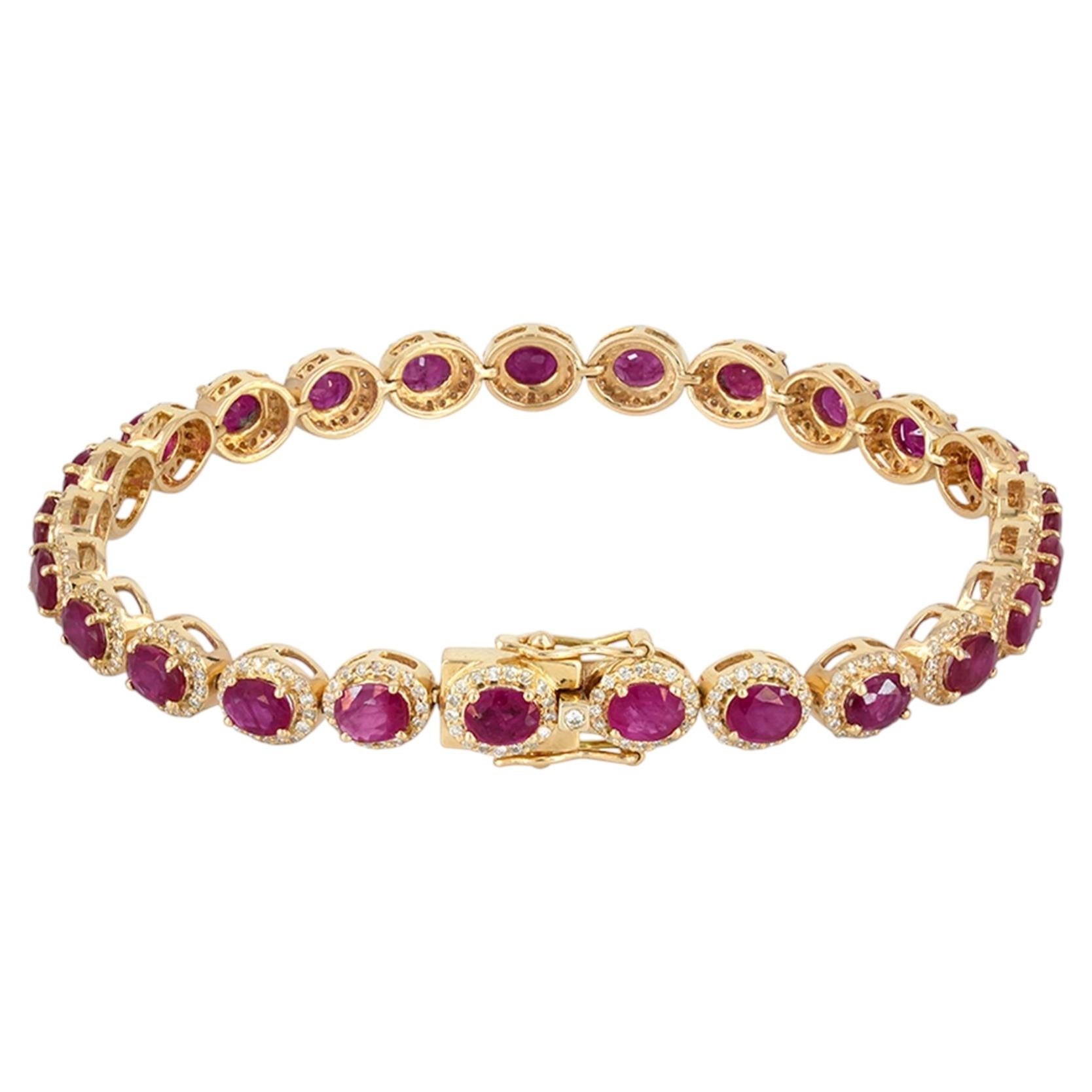 Bracciale tennis unisex in oro giallo 14k con rubini e diamanti autentici, 7.5"
