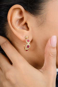 Genuine Ruby Diamond Halo C-Hoops Wedding Earrings Gift Made in 18k Yellow Gold