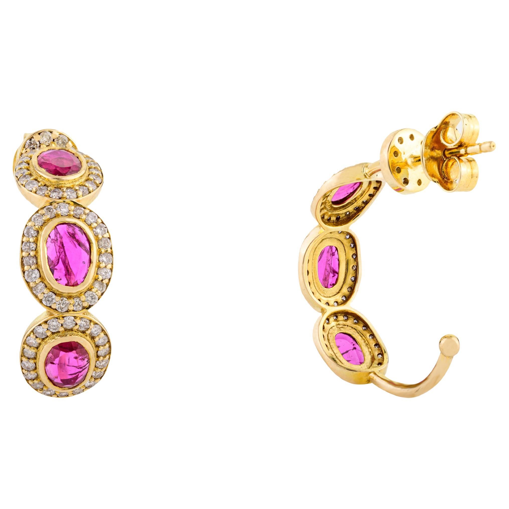 Genuine Ruby Diamond Halo C-Hoops Wedding Earrings Gift Made in 18k Yellow Gold
