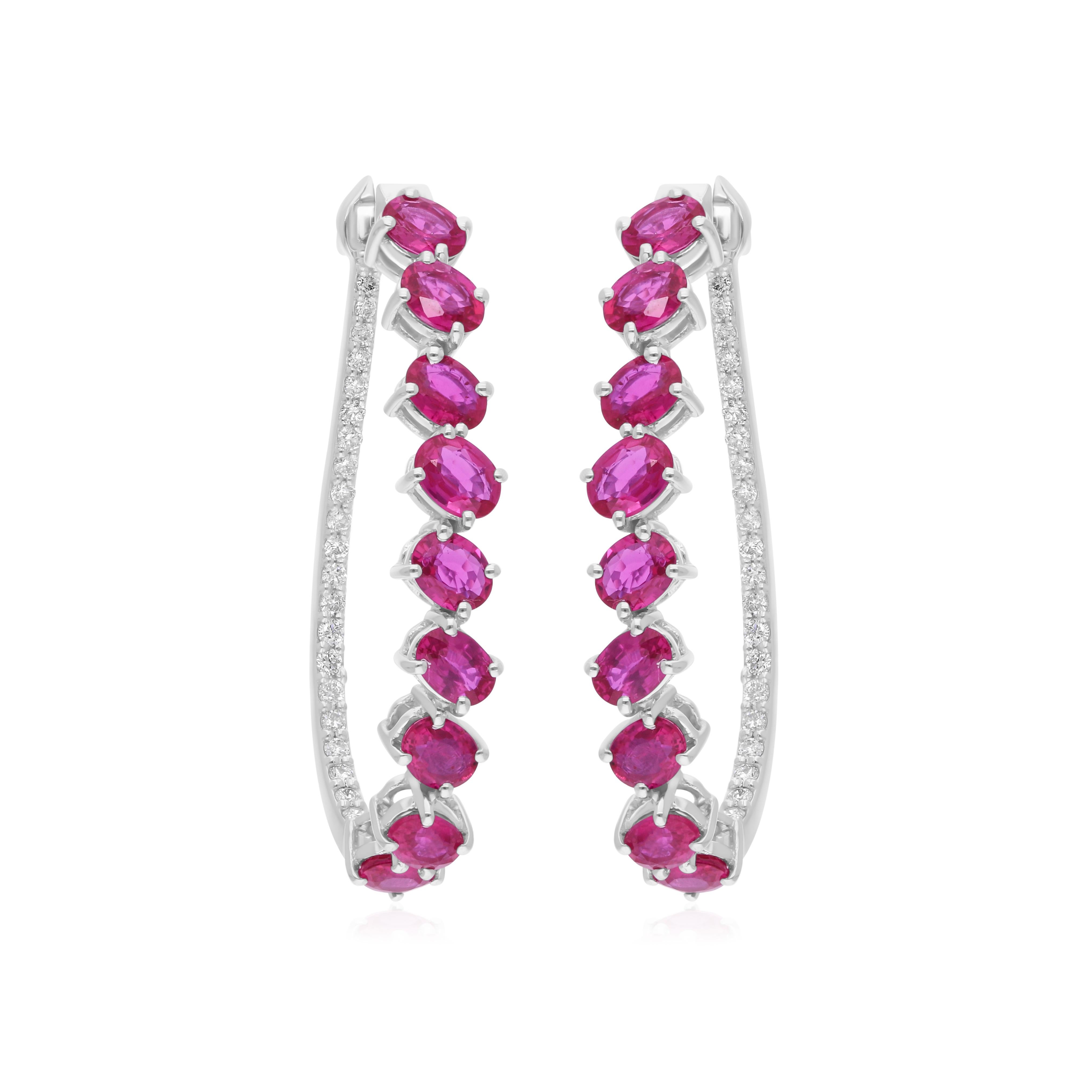 Boucles d'oreilles en or blanc massif 14k avec rubis véritable et diamant. Neuf - En vente à Diera, Dubai