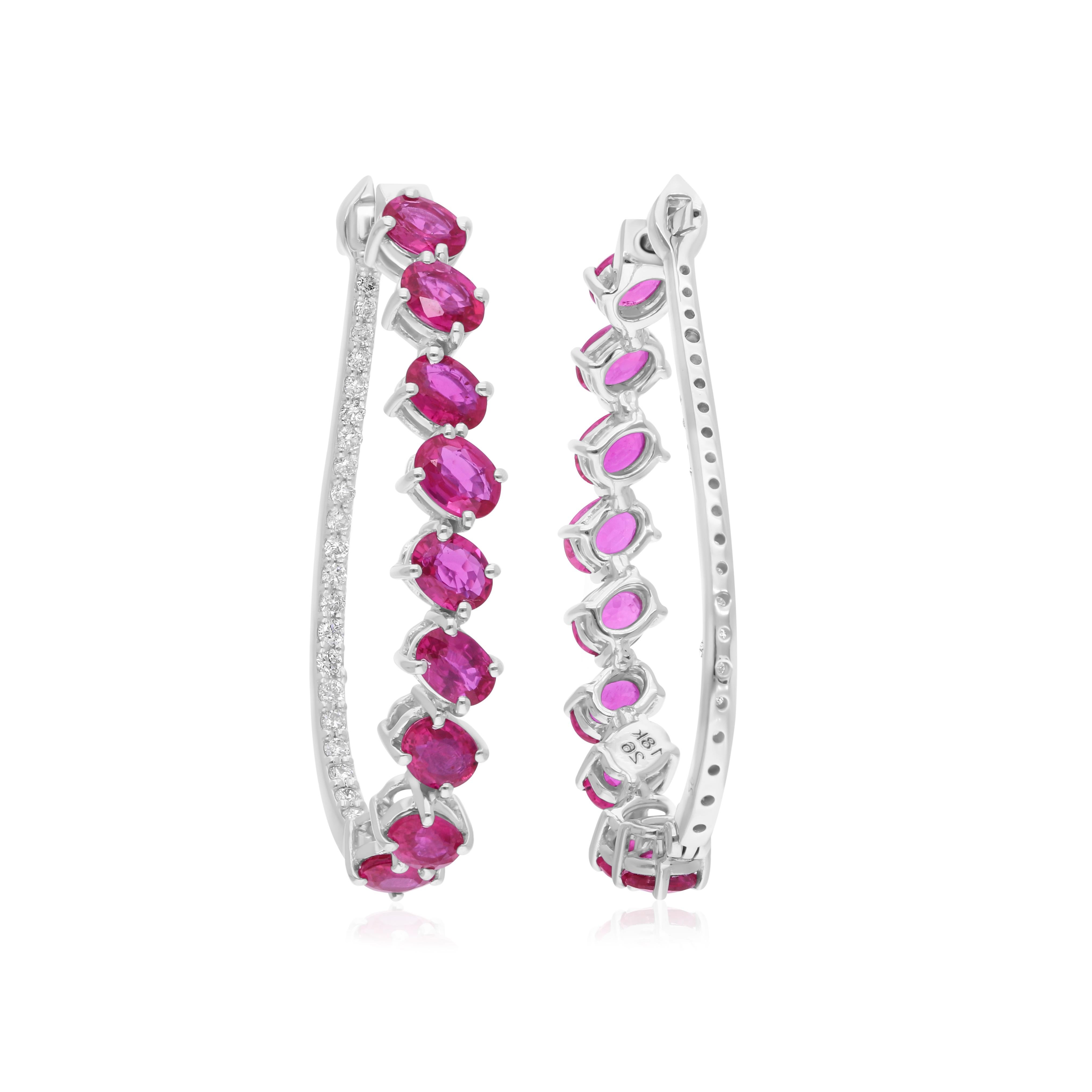 Boucles d'oreilles en or blanc massif 14k avec rubis véritable et diamant. Pour femmes en vente