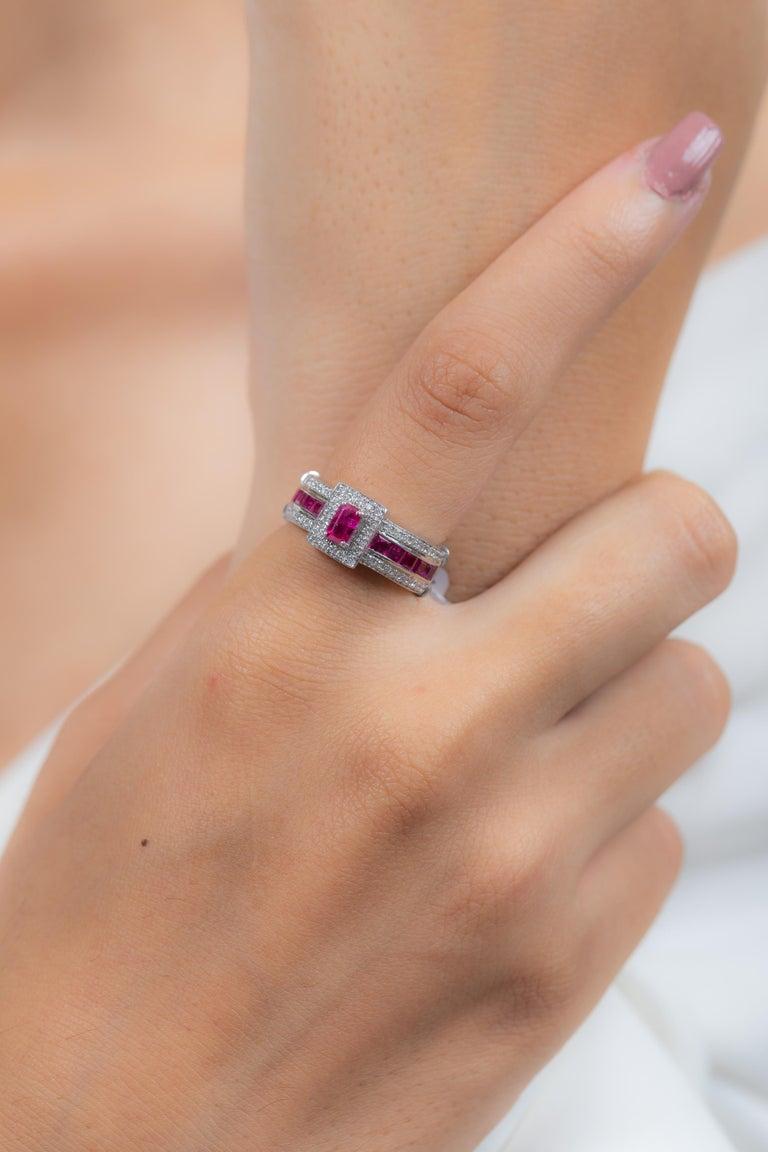 For Sale:  Genuine Ruby Diamond Wedding Ring for Women in Solid 14k White Gold 5