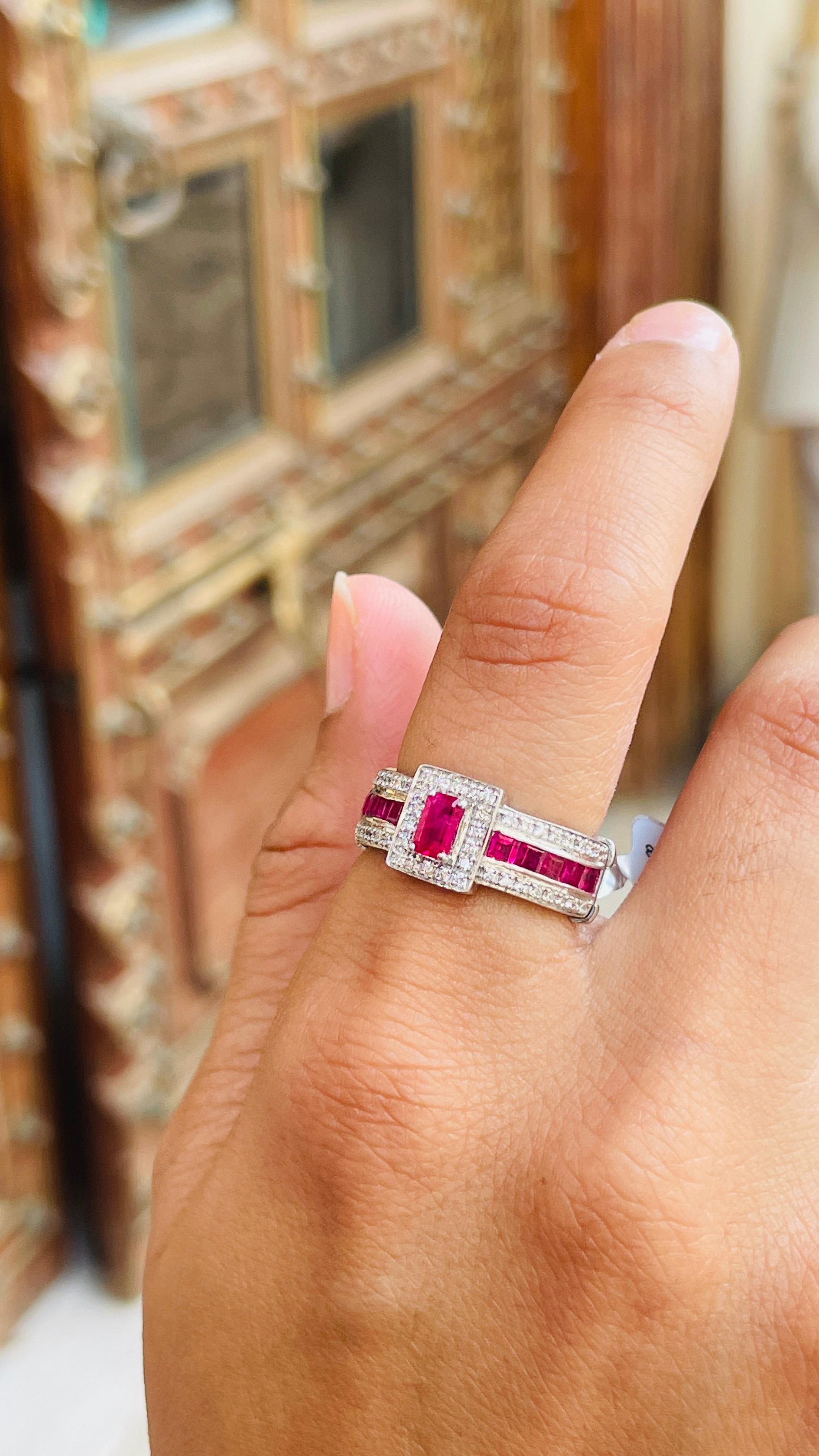 For Sale:  Genuine Ruby Diamond Wedding Ring for Women in Solid 14k White Gold 8