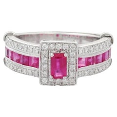 Bague de mariage pour femmes en or blanc massif 14 carats avec rubis et diamants véritables