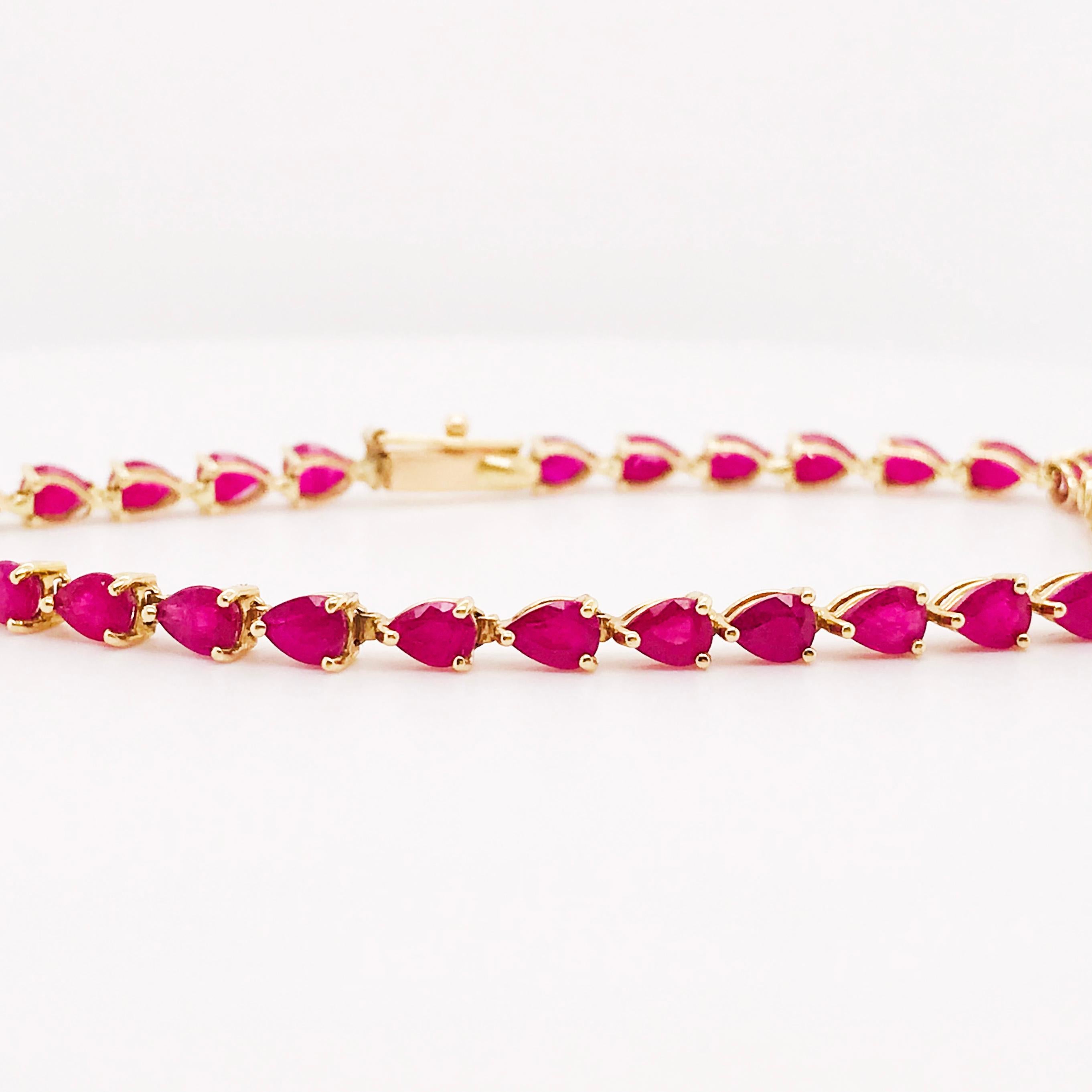 This unique ruby tennis bracelet is romantic and timeless. With genuine pear shaped ruby gemstones this bracelet has the traditional look of a tennis bracelet but one of a kind look with hand-picked ruby gemstones. This would make a great addition