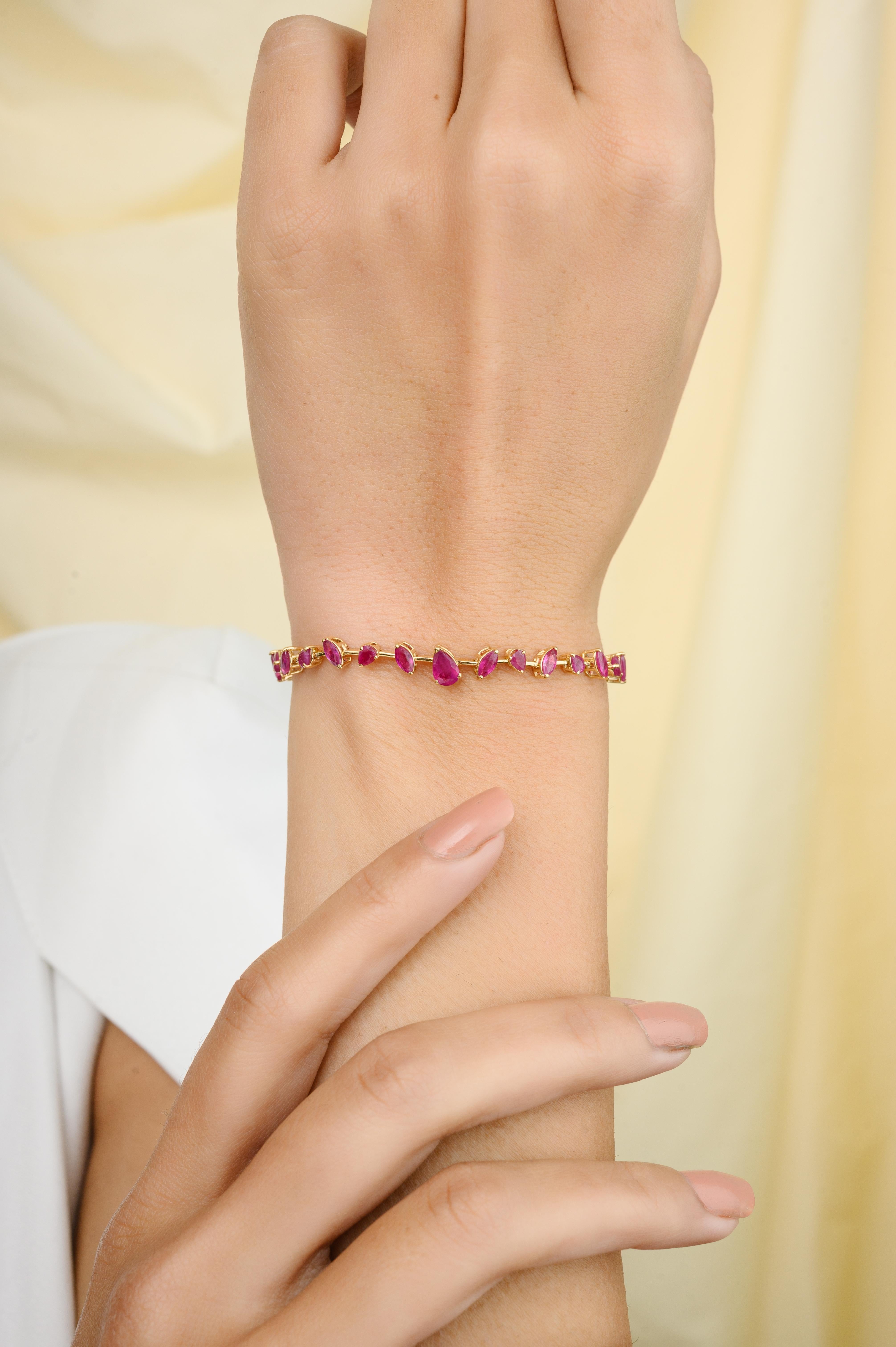 This Genuine Ruby July Birthstone Bracelet in 18K gold showcases 4.57 carats endlessly sparkling natural ruby. It measures 7 inches long in length. 
Ruby improves mental strength. 
Designed with perfect mixed cut ruby in solid gold making a minimal