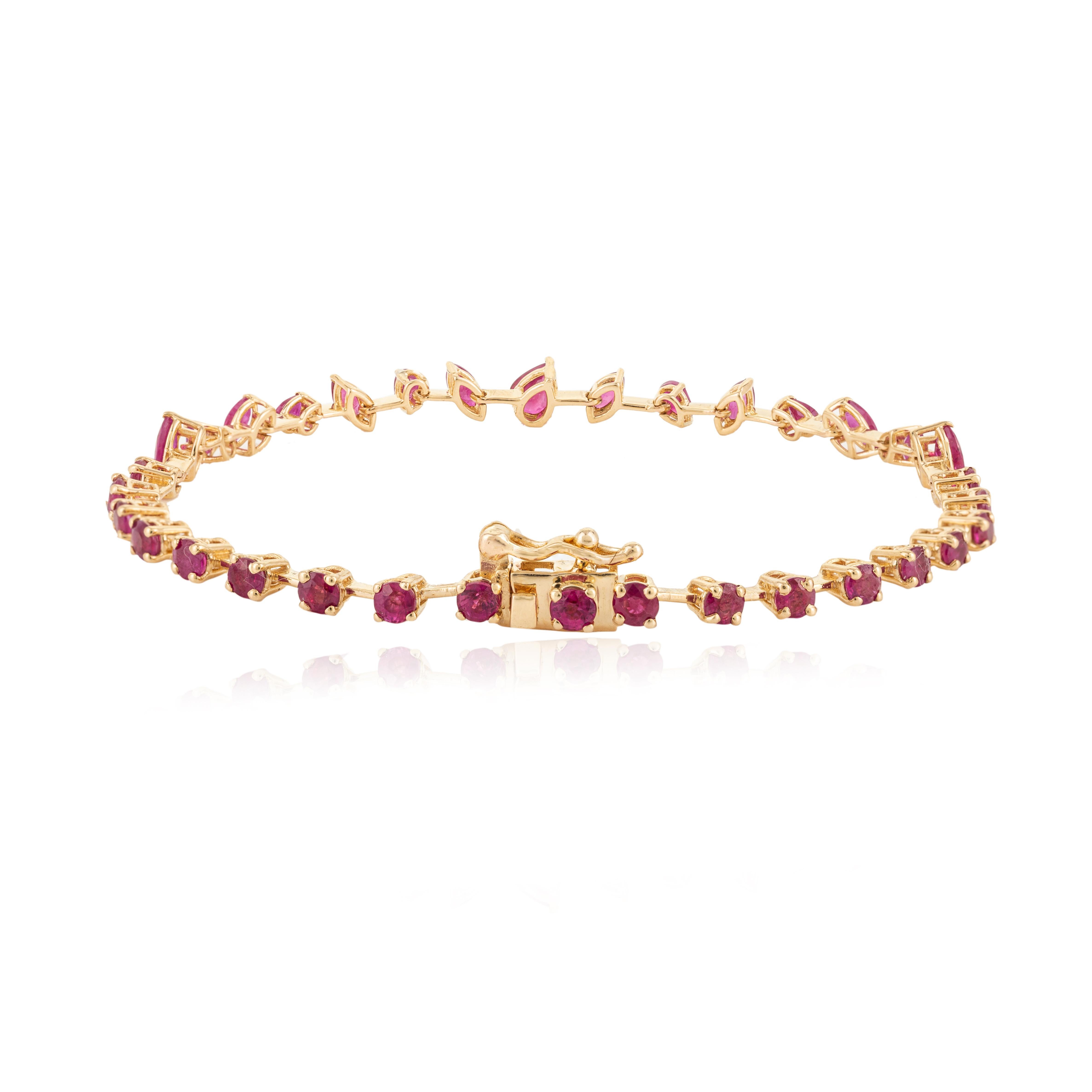 Genuine Ruby July Birthstone 18k Solid Yellow Gold Bracelet Gift for Women In New Condition For Sale In Houston, TX