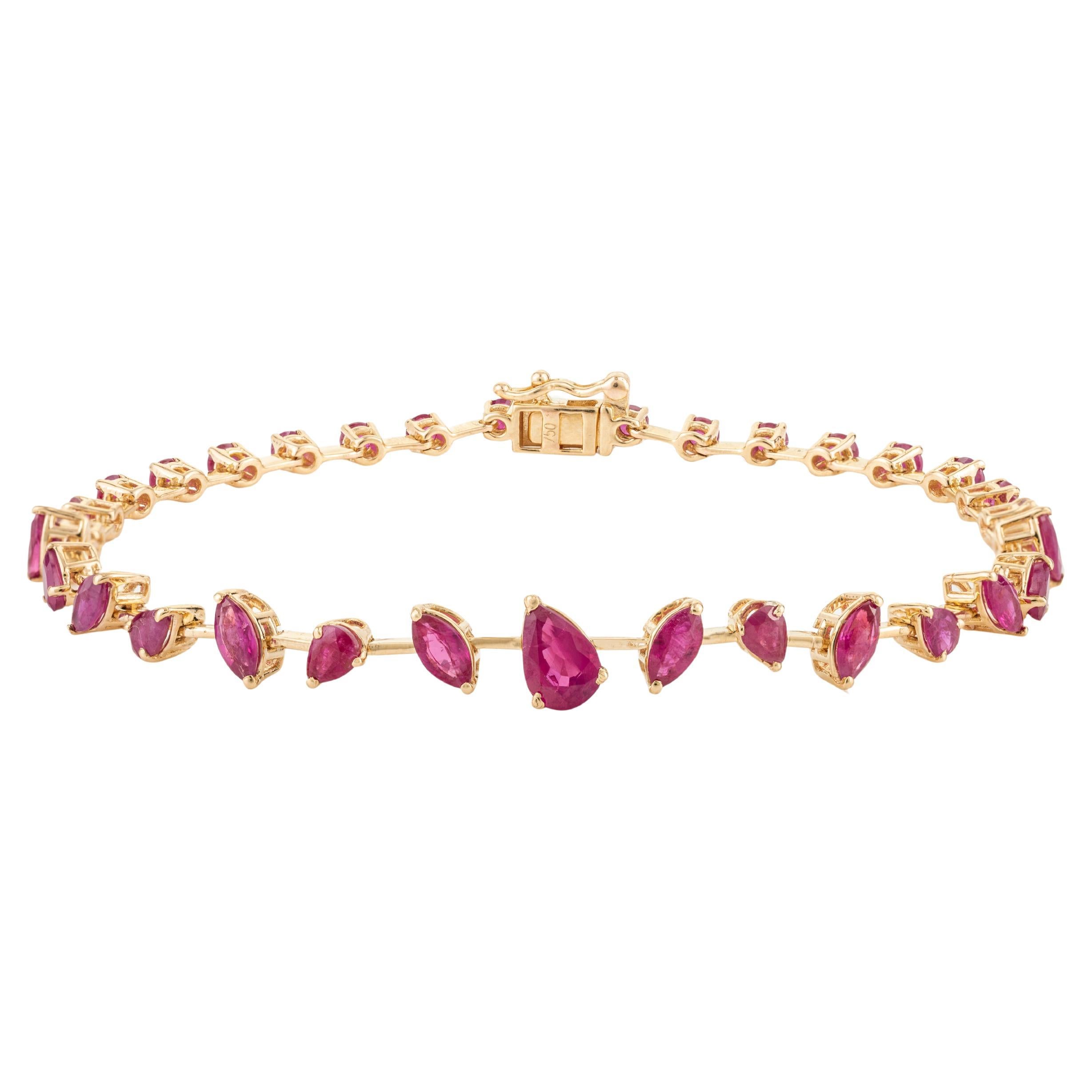 Genuine Ruby July Birthstone 18k Solid Yellow Gold Bracelet Gift for Women For Sale