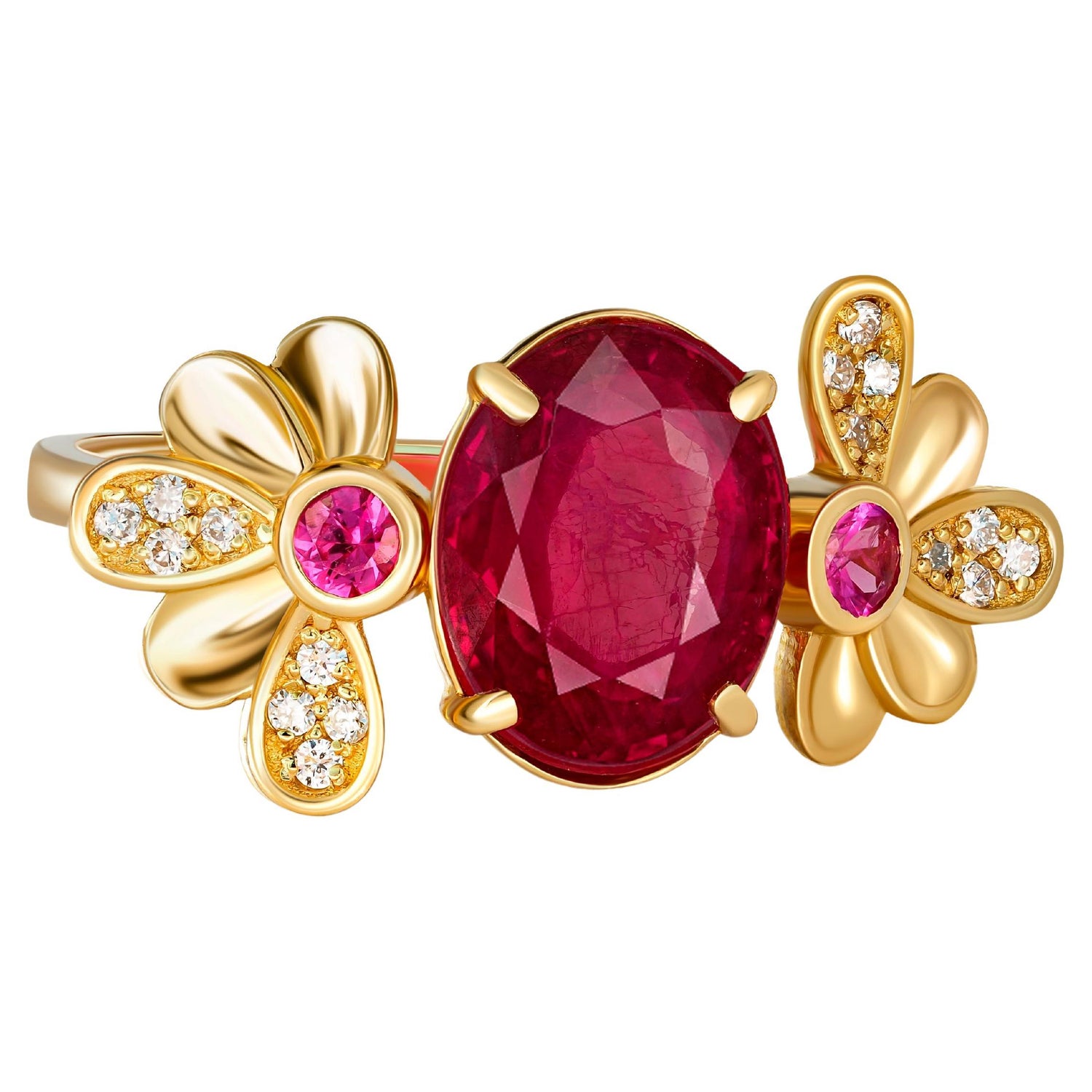 Genuine Ruby Ring, Ruby and Diamonds Gold Ring, Flower Design Ruby Ring For  Sale at 1stDibs